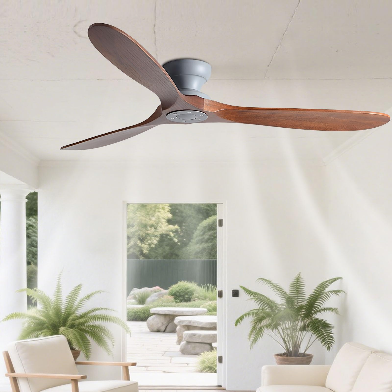IBalody Solid Wood 42in Ceiling Fan Without Lights Flush Mount Ceiling Fans With Remote Control 6 Speeds, Wood Blades Modern Ceiling Fan No Light For Bedroom/Farmhouse/Patio/Indoor