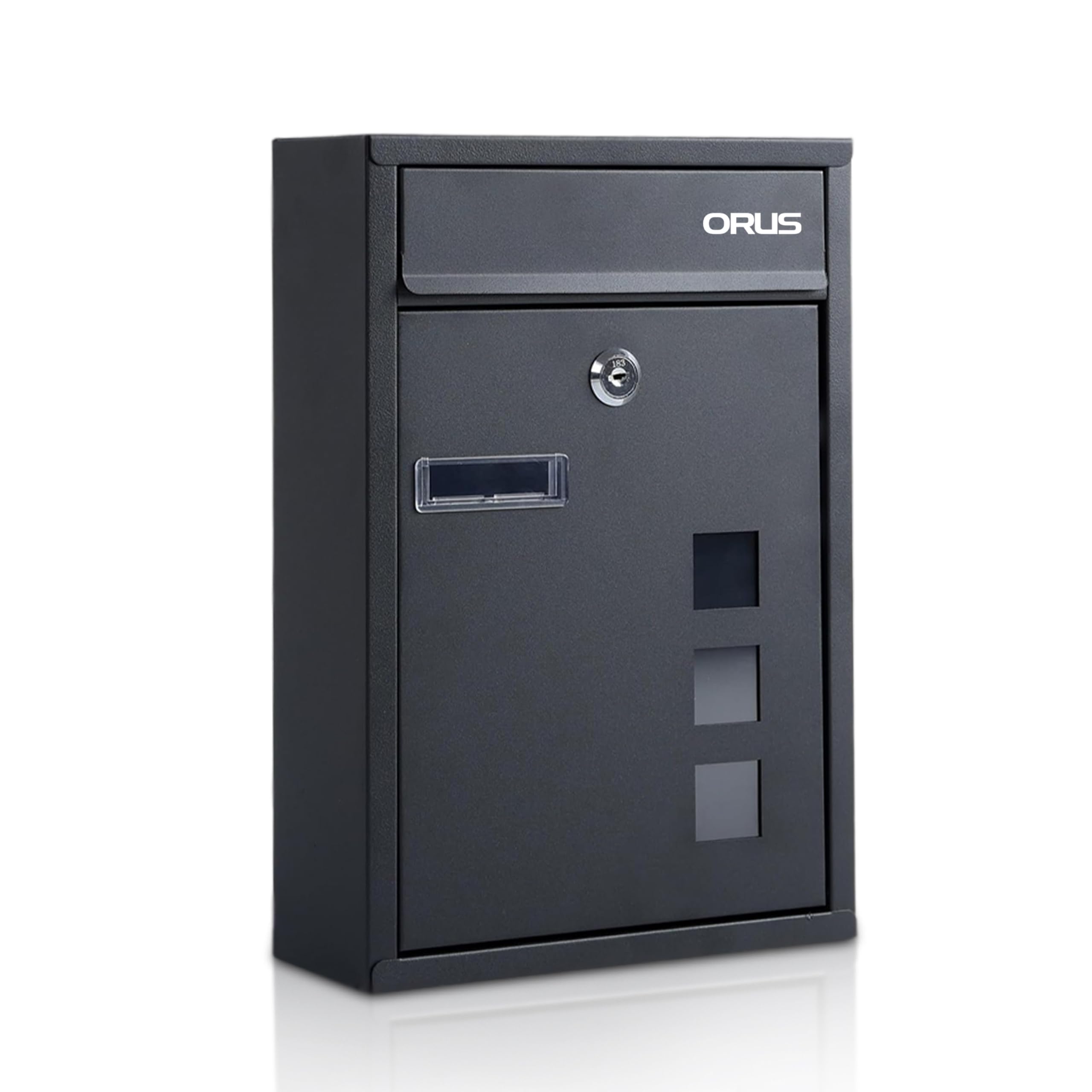Orus Modern Wall Mounted Letterbox, Steel Post Box with Nameplate and Lock, 25.5 x 11.5 x 39.5 cm, Black