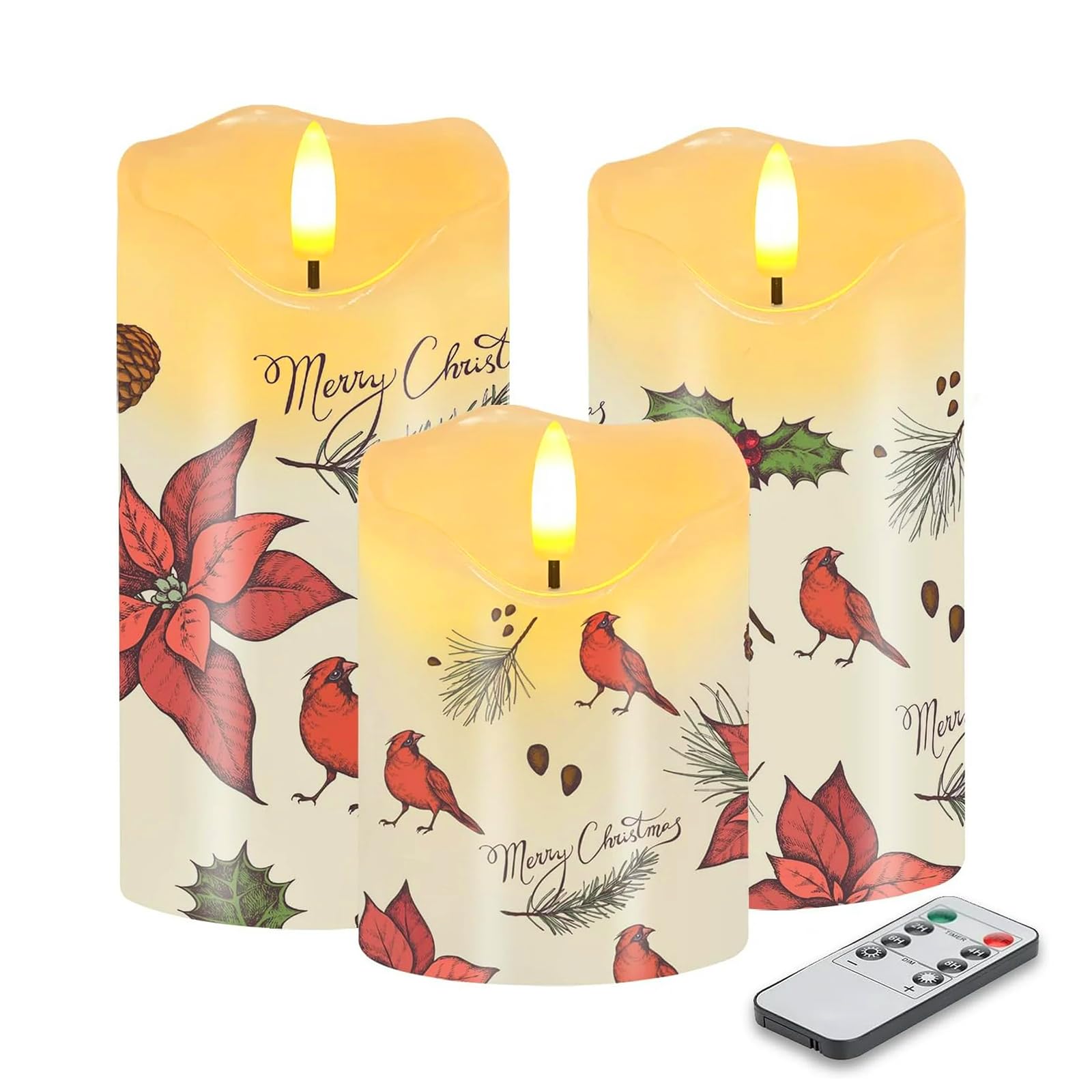 AVEKI Flickering Flameless Candles, Real Wax Battery Operated LED Candle with Remote Timer & Brightness Function, Set of 3 Pillar Candles Lights Decor for Festival Wedding Home (Red Bird)