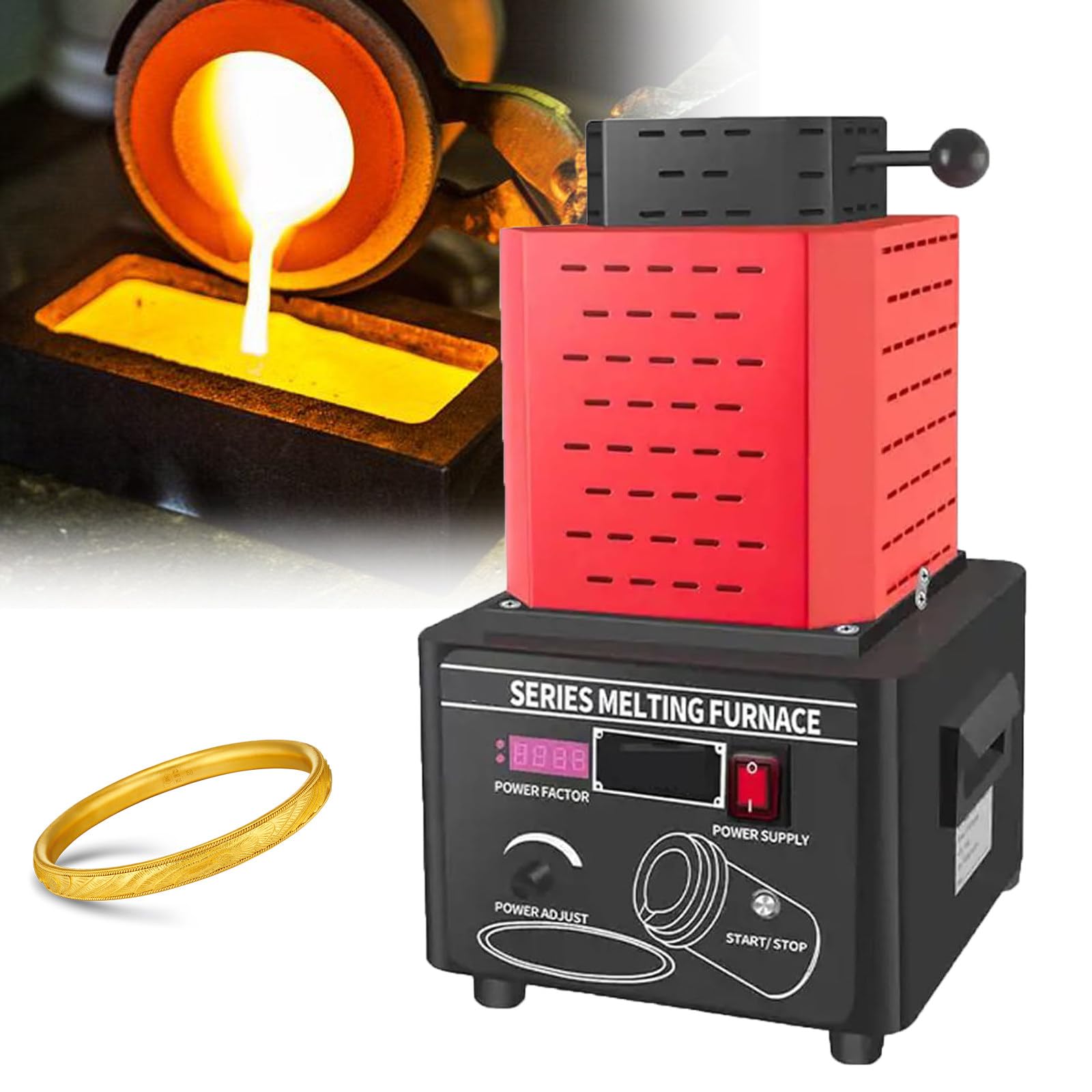 Elektryczny automatyczny piec do topienia, 2912 ℉ Cyfrowa maszyna do topienia metalu, Piec do topienia złota, do topienia srebra, złota (Red 1KG)