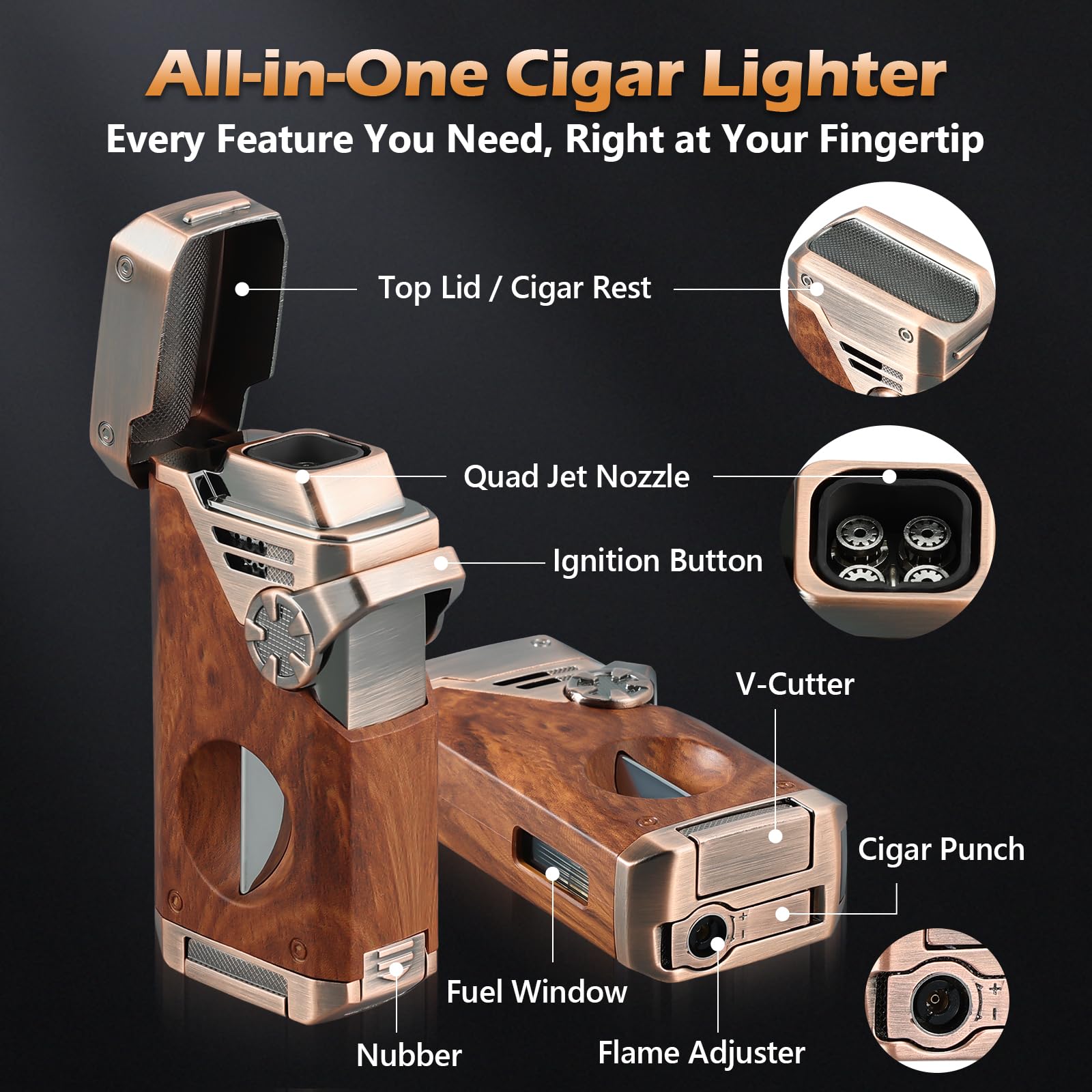 Joyoldelf Encendedor de Cigarro con Antorcha Cuadruple Llama - Encendedor Recargable de Butano a Chorro Resistente al Viento con Cortador, Punzón y Ventana de Combustible (Sin Butano) - Regalo Premium