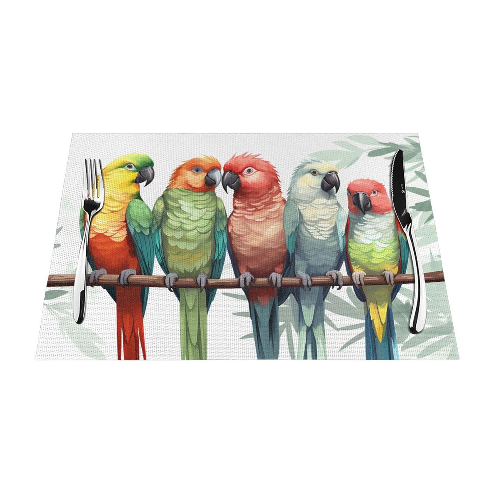 Colorful Parrots On Tree Placemats Set of 1 - Woven Vinyl Kitchen Table Placemats - Heat Resistant Non-Slip Place Mats for Dining Table, Washable Indoor Outdoor Table Mats 12x18 Inch