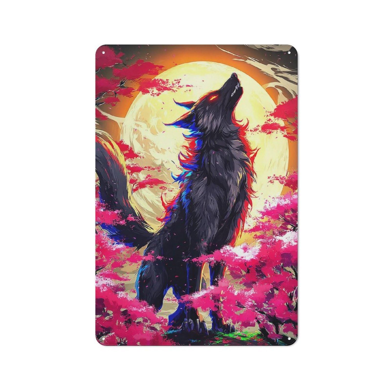 Junmoney Wolf Howling At The Moon 30X20cm Vintage Tin Sign With For Hobby Room Or Studio, For Winter Interiors And Metal Sign Collectors