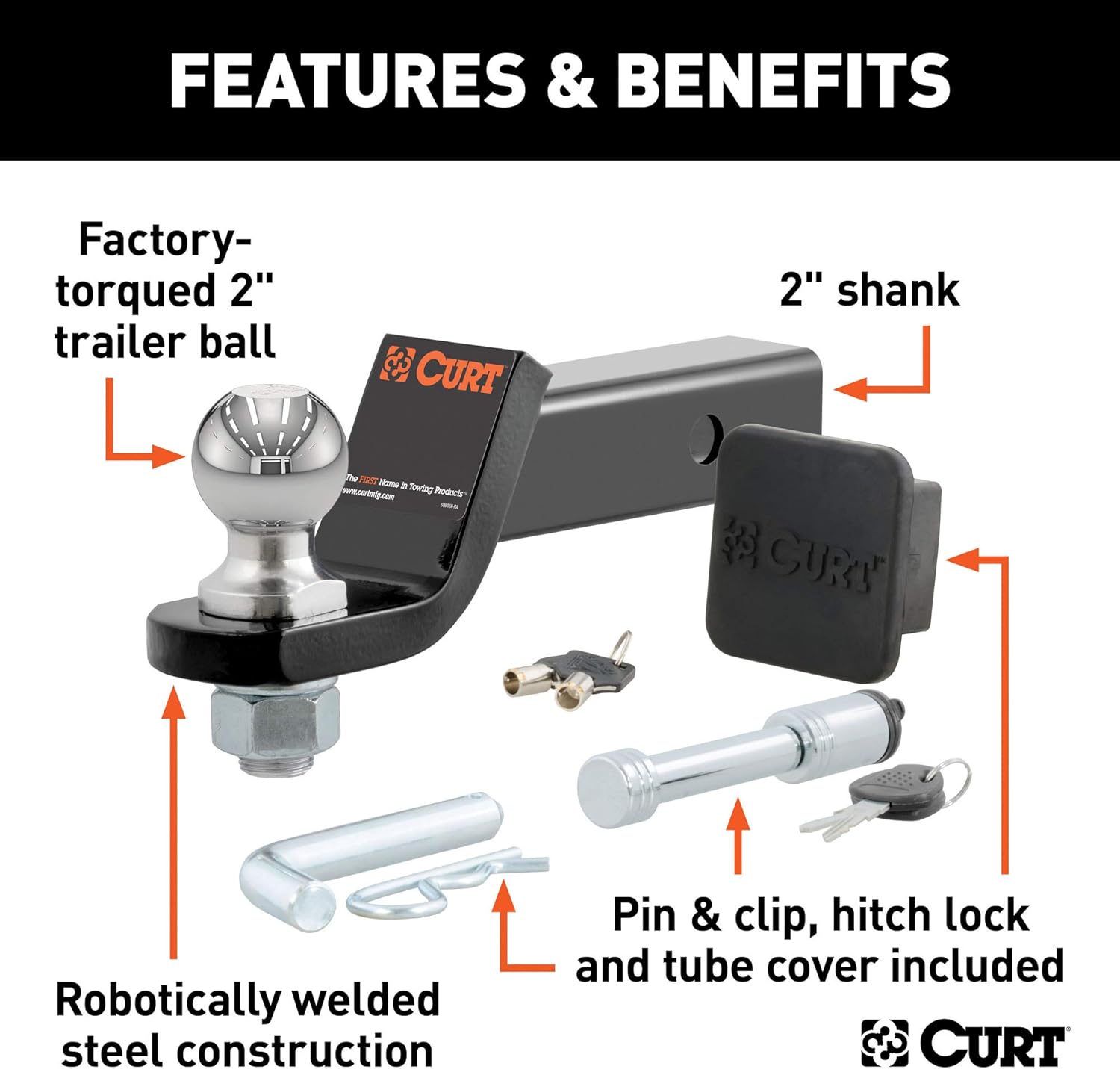 CURT 45534 Trailer Hitch Mount, 2-Inch Ball, Lock, Fits 2-In Receiver, 7,500 lbs, 2" Drop, Cap