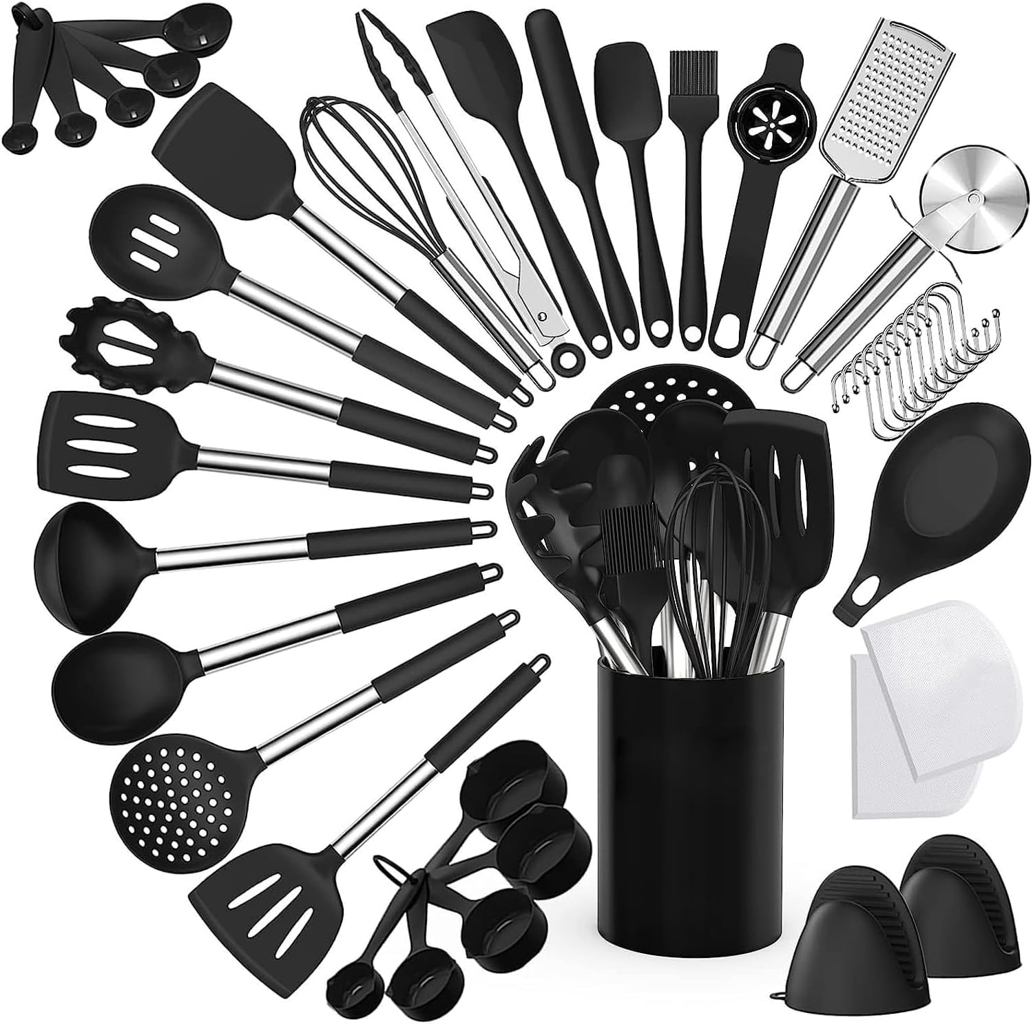 Küchenhelfer Set, 37 Stück Kochutensilien Set, Kochbesteck mit Utensilienhalter, Antihaftbeschichtet Küchenutensilien, Kochset mit Holzgriff Geeignet Für Backen Kochen Mischen