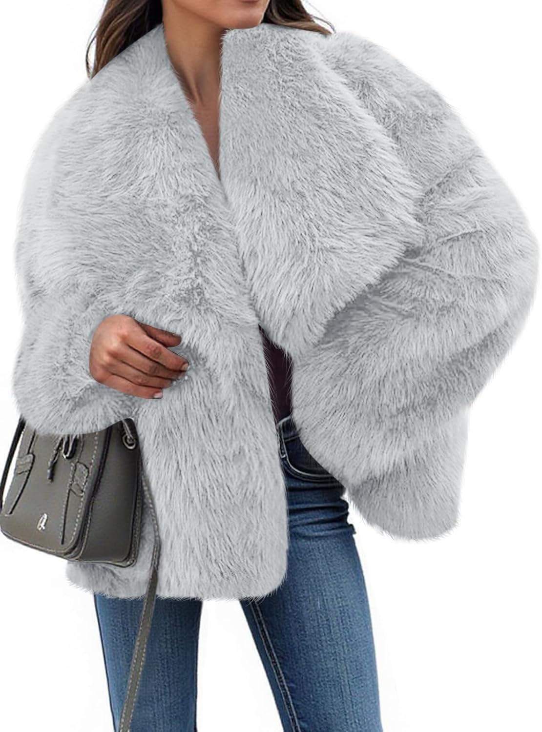 Tankaneo Womens Cropped Faux Fur Jackets Winter Long Sleeve Open Front Warm Shaggy Coats