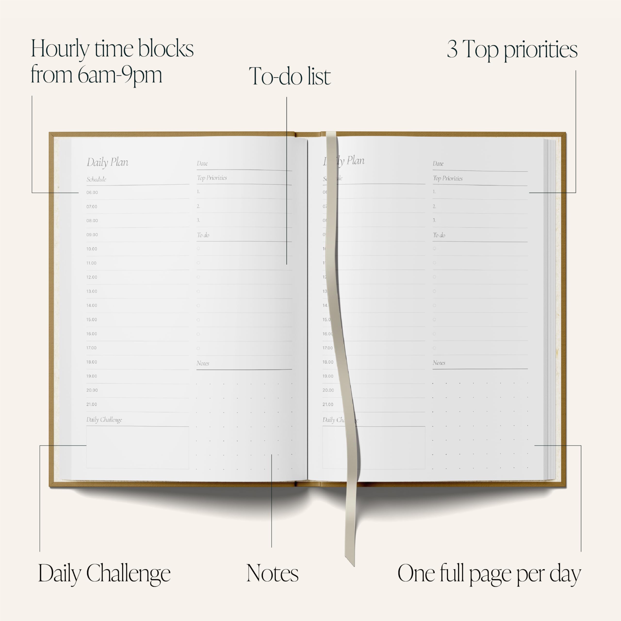 Yop & Tom Undated Daily Diary (A5) - Productivity Planner - Weekly and Daily Organizer with Time Slots - 22 Weeks - Sand - Image 3