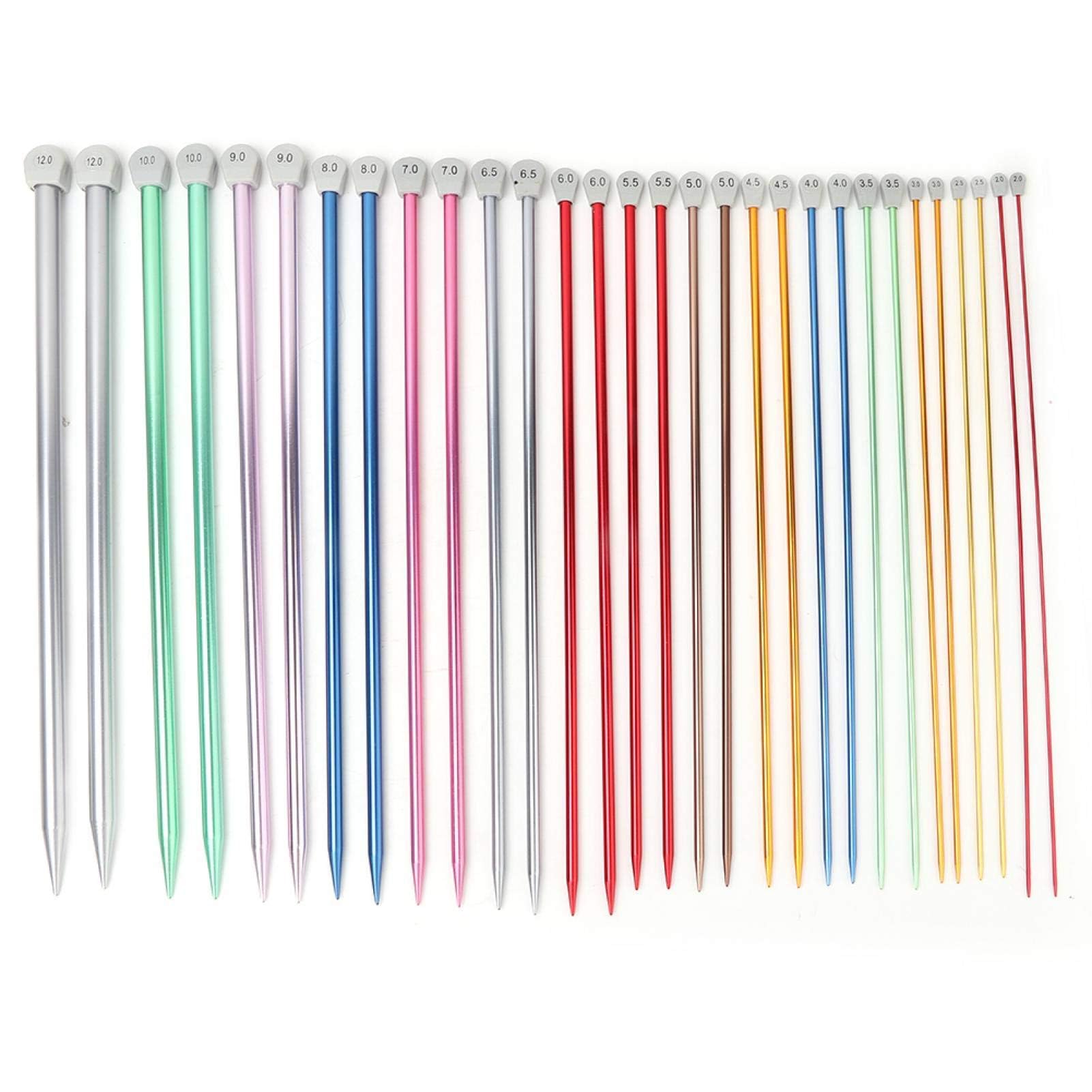 Juego de 15 pares de agujas de tejer de aluminio rectas, kit de una punta para principiantes, grosores de 2 mm a 12 mm para bricolaje (35 cm)