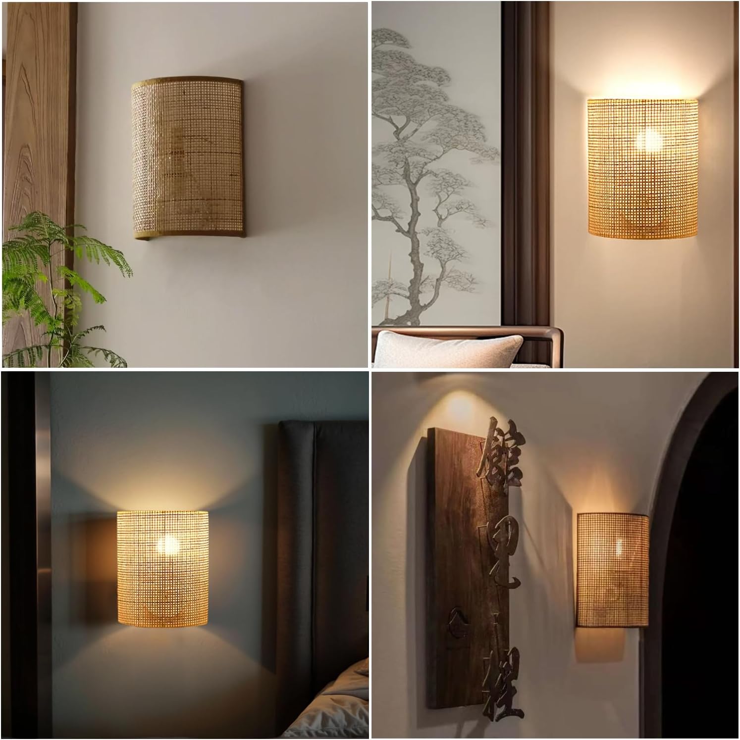 Bofea-Rattan Wall Sconce Boho Wall Light Fixture with Hemp Rope Farmhouse Bathroom Vanity Light Boho Hallway Lights Fixture Hand Woven Sconces Lighting for Bedside Living Room(Style B)
