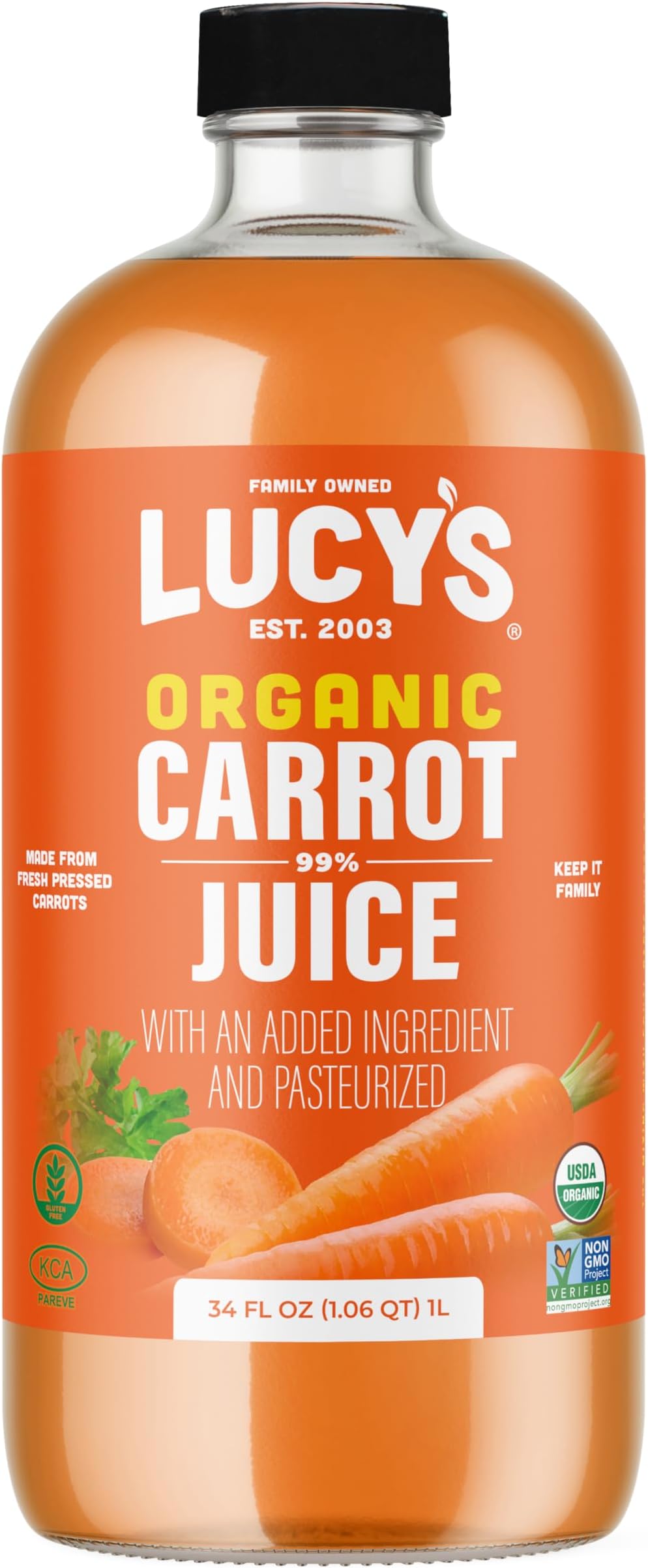 Lucyโs Family Owned - AMERICAN CARROTS Organic 99% Pure Carrot Juice, 34 oz. Glass Bottle (Made From Fresh Pressed)USDA Organic