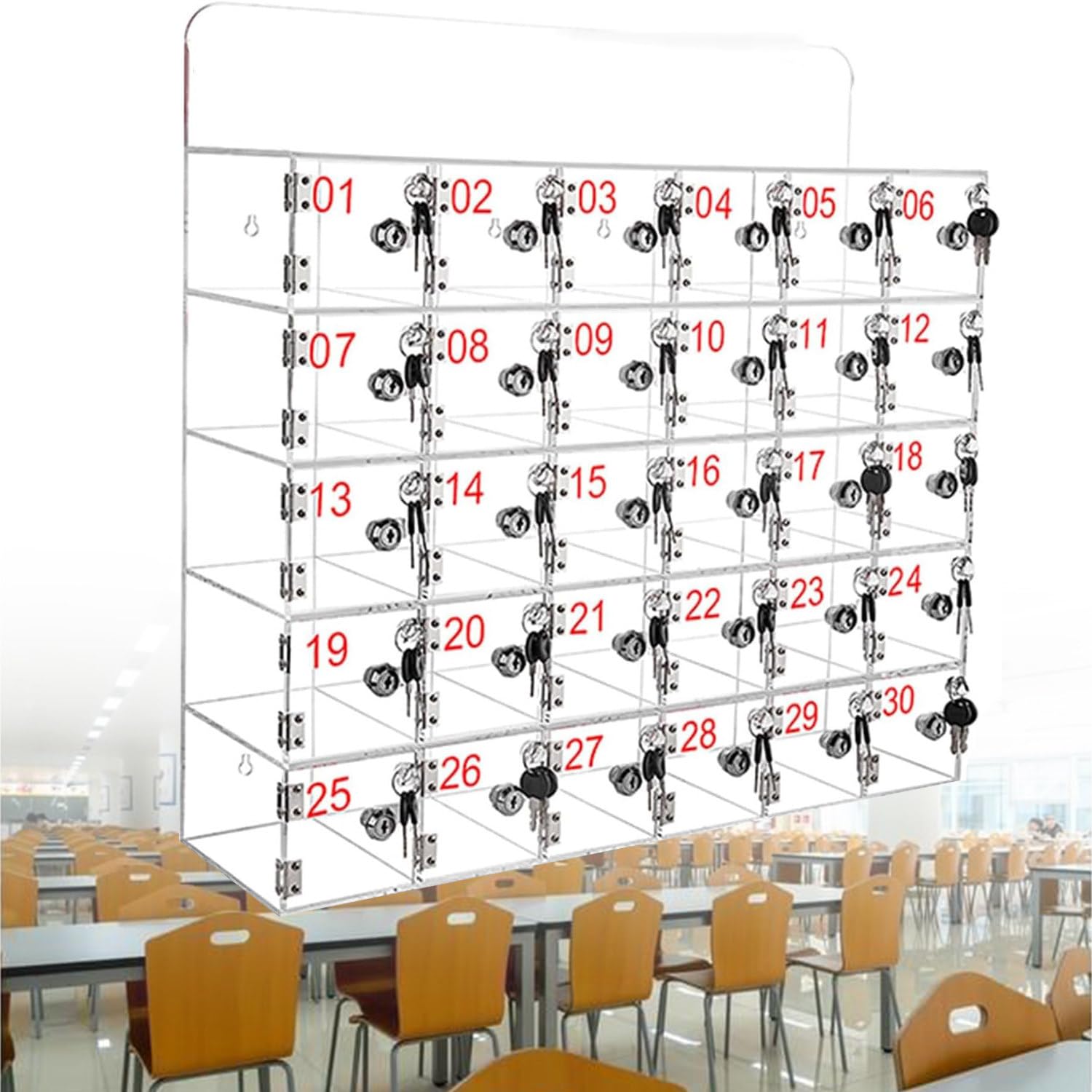 Taquilla de acrílico para móviles de 30 compartimentos con llaves