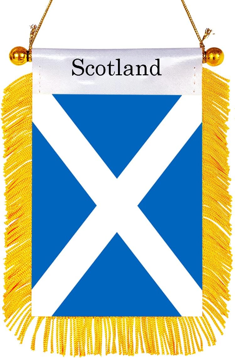 WXTWK 3 X 5 Inch Scotland Flag Scottish Window Hanging Flag Small Mini Car Flags Banners Rearview Mirror Decoration With Suction Cup Golden Fringy Banner