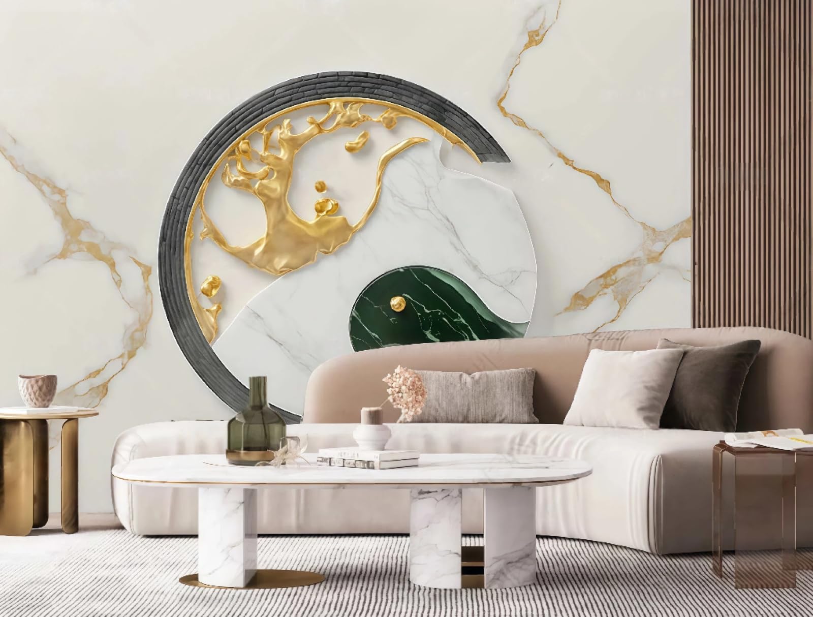 Tapeta nowoczesna pozłacana Tai Chi czarno-biała sztuka marmurowy wzór TV sofa tło ściana sypialnia salon gabinet mural, 3D, 200 x 140 cm