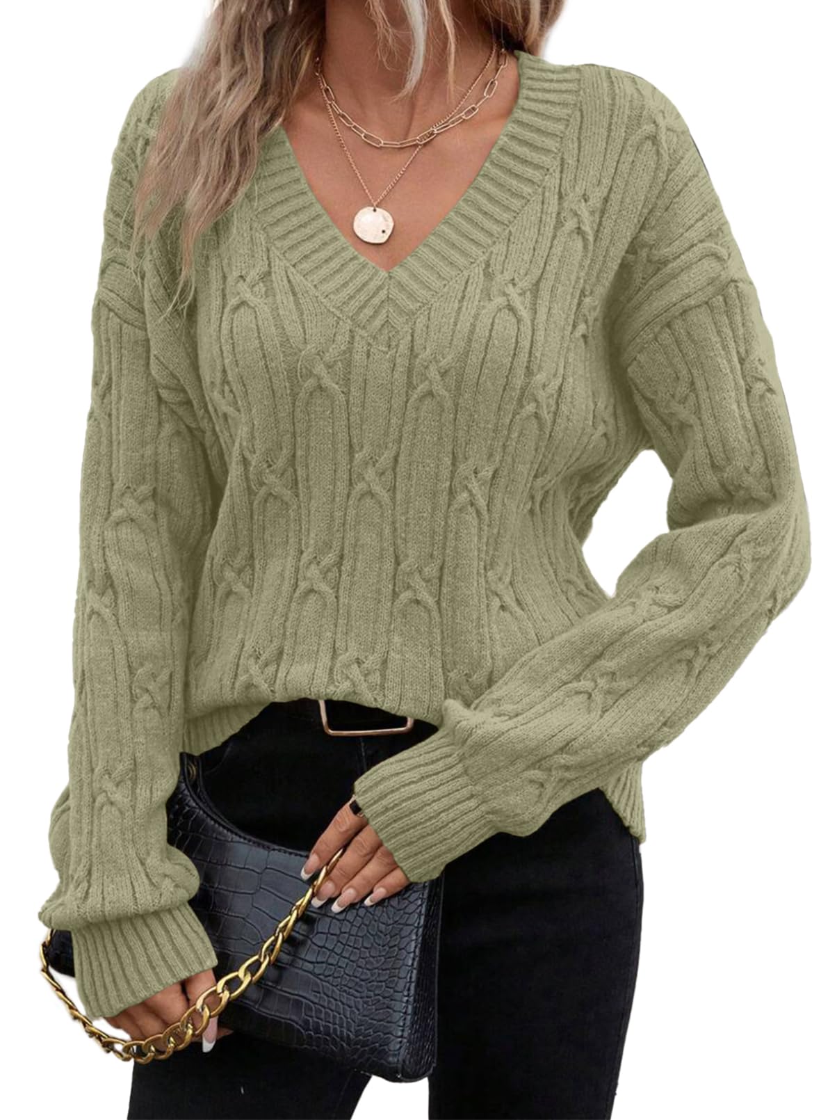 SHEWIN Womens Sweaters Casual V Neck Long Sleeve Cable Knit Crochet Sweater Spring Outfits for Women 2026