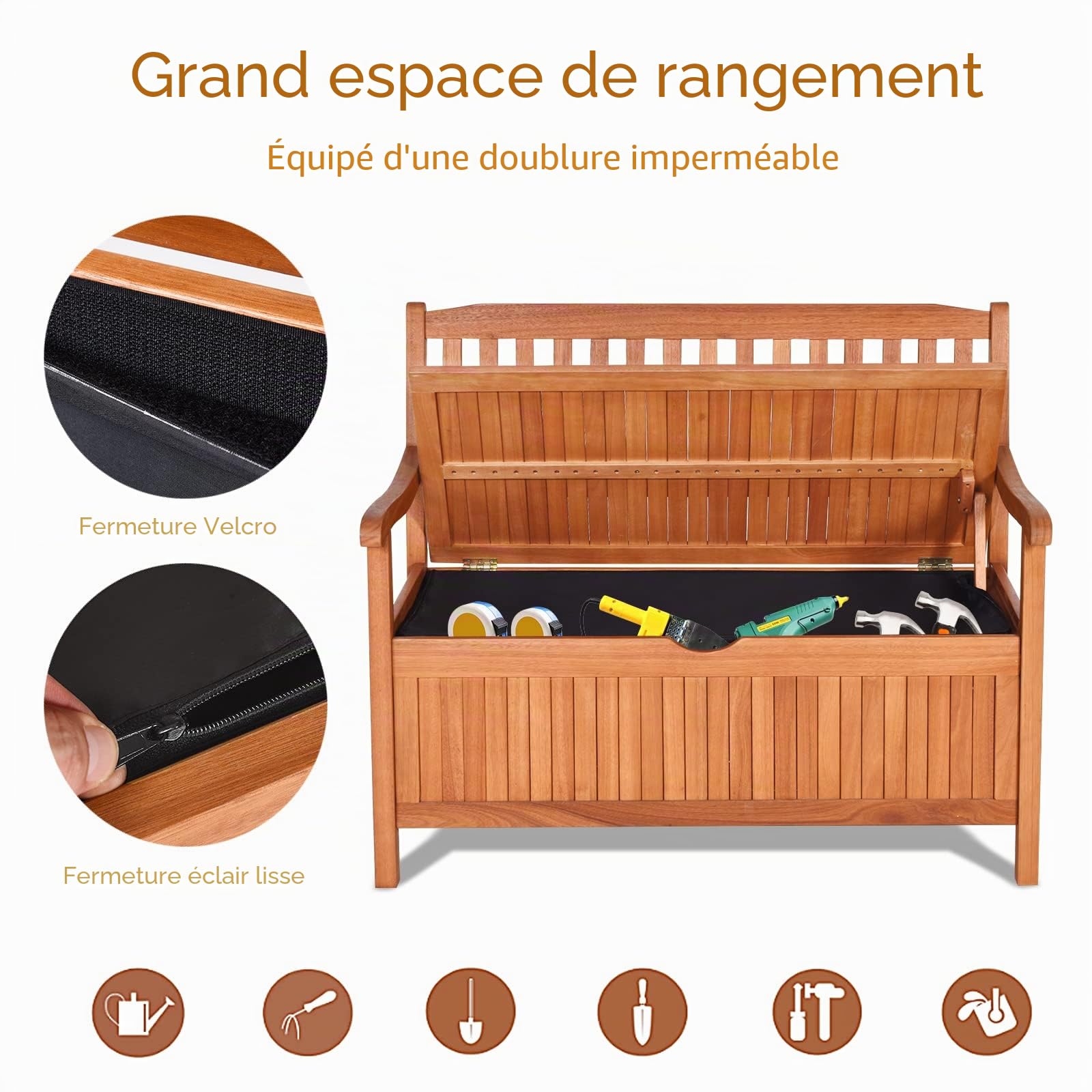 KOMFOTTEU Banc de Jardin, 2 Places, Coffre de Rangement & Sac à Poussière