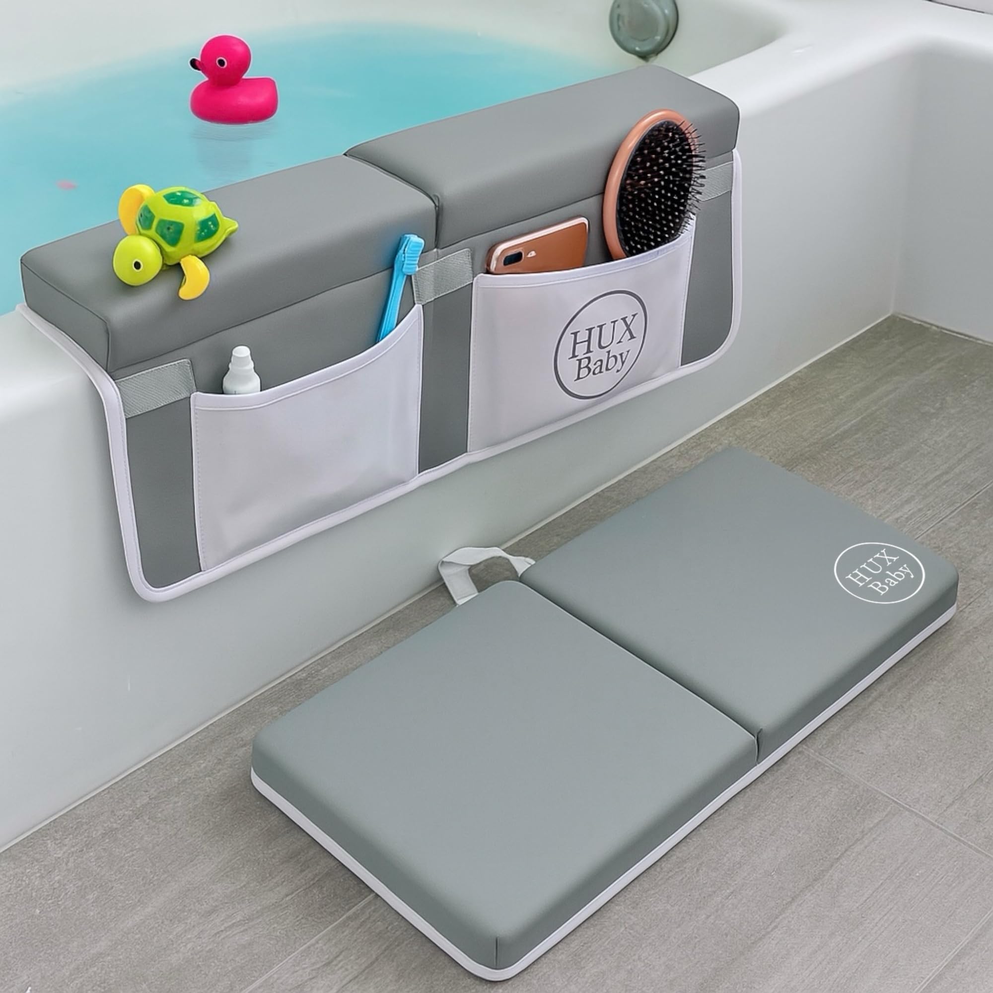 2 Stuks Babybad Knieler en Elleboog Rest Pad Set Comfortabele Foam Bad Knielen Pad Anti-slip Bad Elleboog Pad met 4 Organizer Zakken Wasbaar Baby Bad Kussen voor Peuter Kinderen