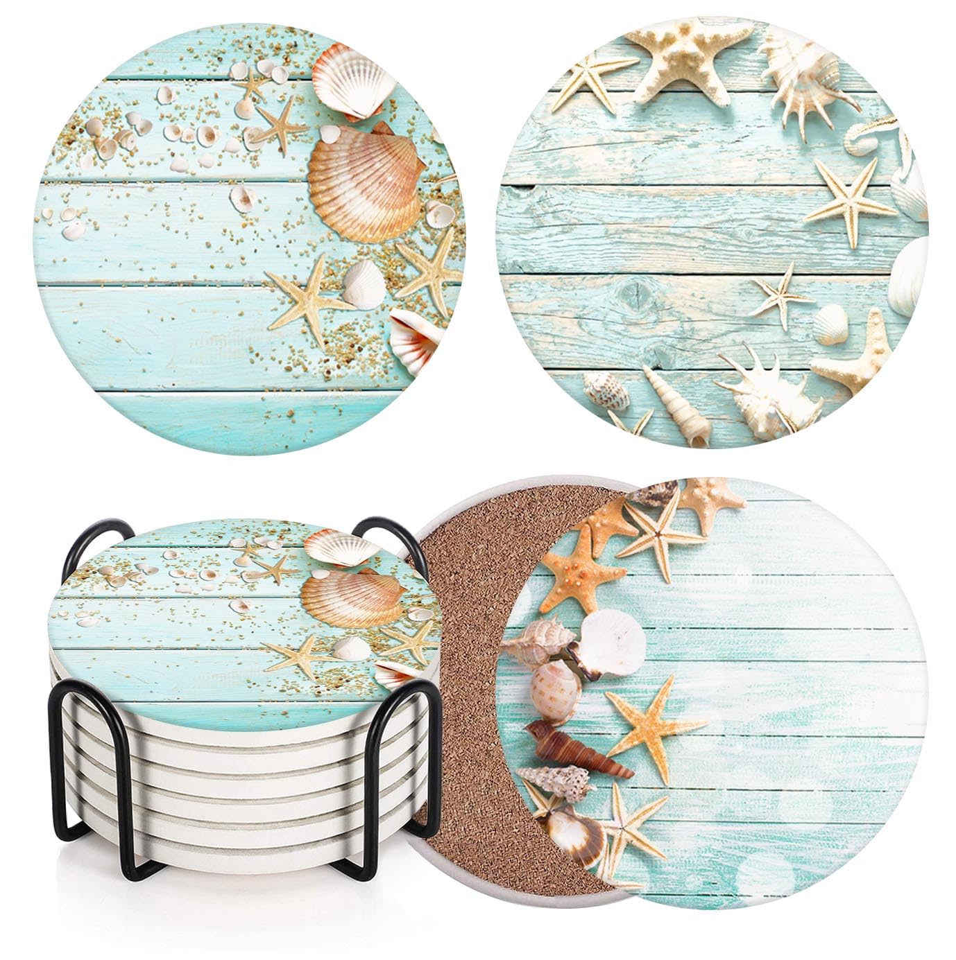 Britimes Coaster for Drinks Set of 6, Beach Seashells Wooden Nautical Wood Sand Table Coastal Absorbent Round Ceramic Stone Mat, with Cork Base and