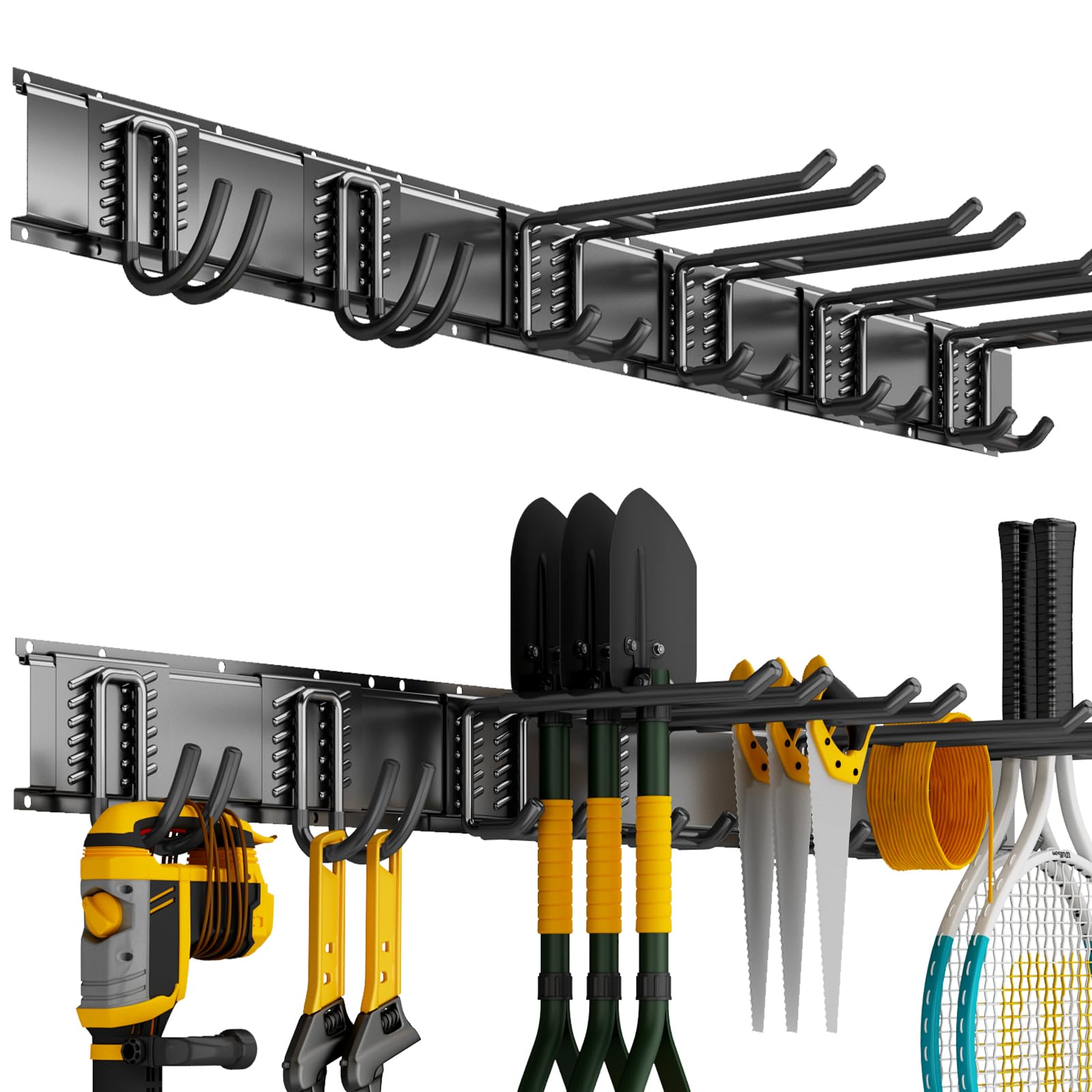 Garage Tool Organizer Wall Mount, 48 Inch Heavy Duty Garden Tool Organizer Storage System, Easy Install with 6 Adjustable Hooks, for Garage, Basement, Shed, Workshop, Black, Steel