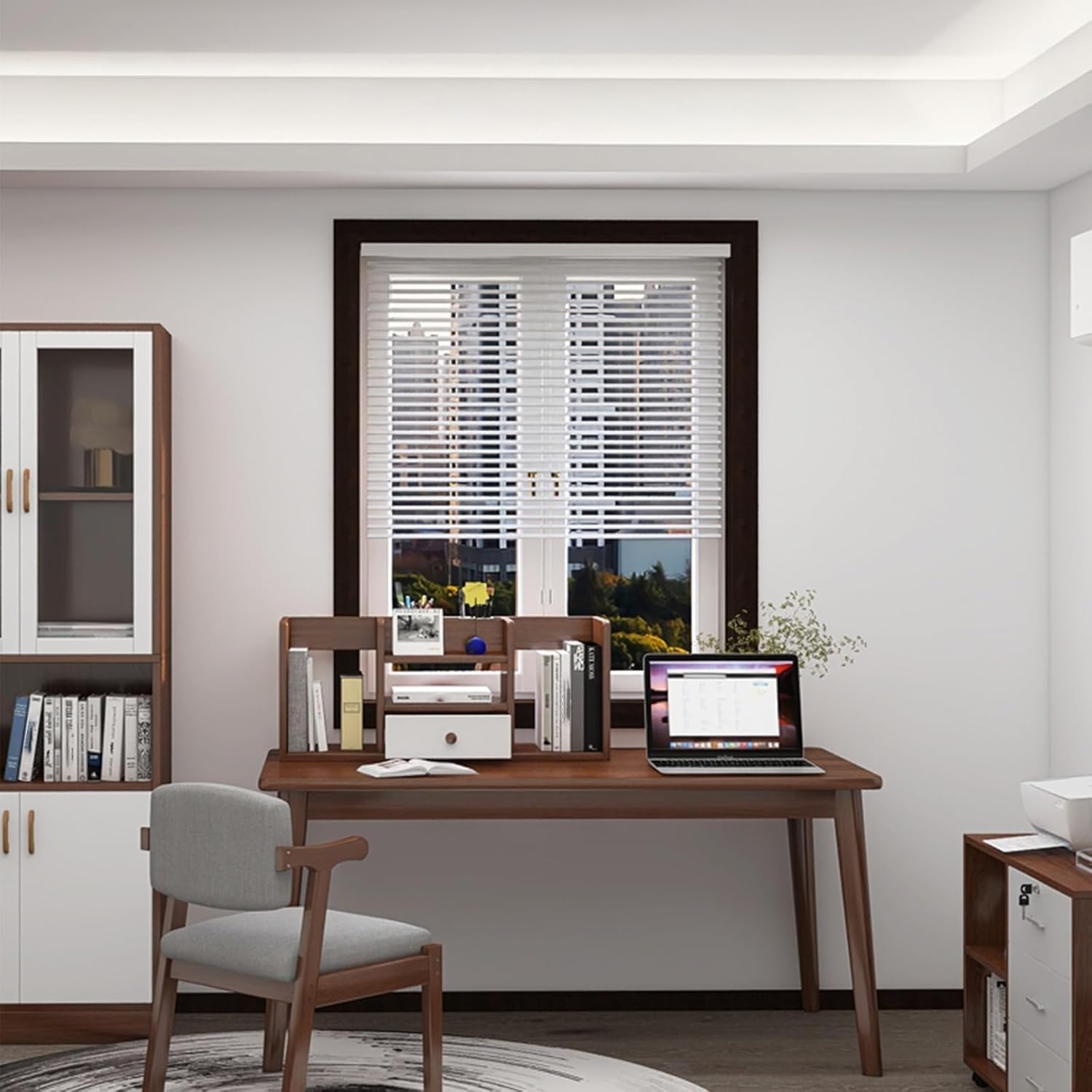 木製オフィスデスクトップ本棚オーガナイザー、引き出し付きオープンデスクトップ収納棚、コンピューターデスク、ドレッシングテーブルトップ