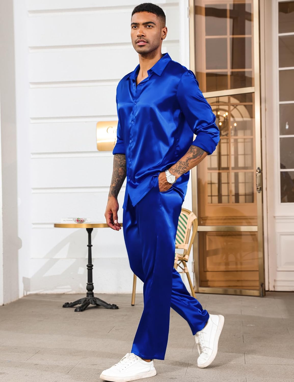LecGee Men's Satin 2 Piece Outfits Lapel Long Sleeve Button Down Tops Jogger Pants Sets With Pocket Prom Club Party