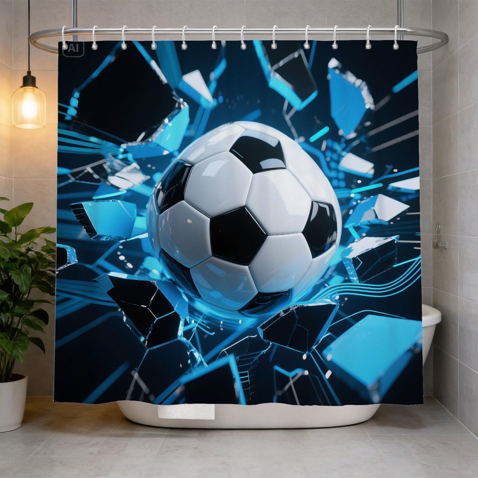 Hongduo 3D Dynamic Soccer Shower Curtain for Stalls Bathtubs Sports Art Bathroom Decor Shower Curtain Set Polyester Fabric Waterproof 180x180cm/71X71 Inch with Hooks