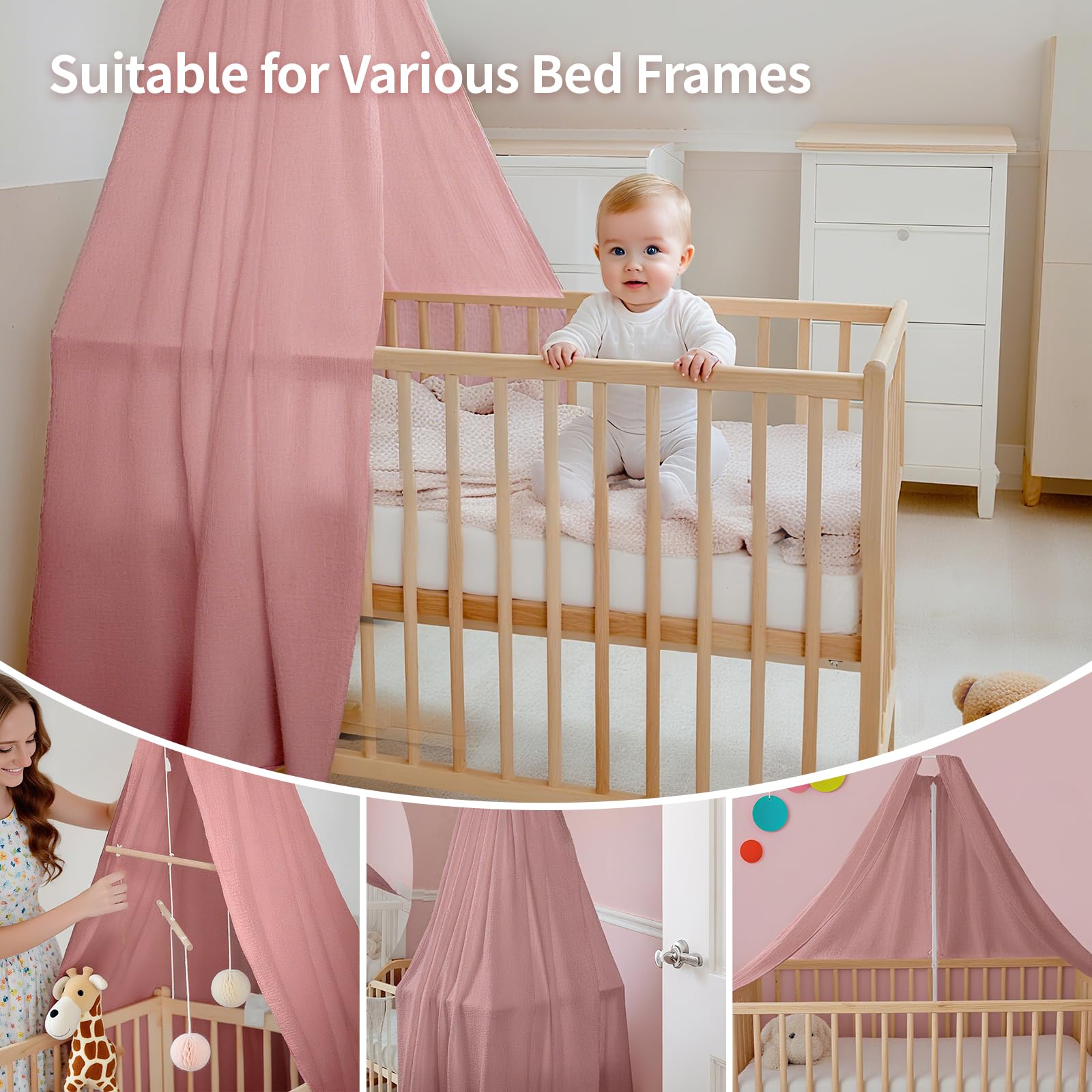 Babybettbezug, handgefertigt aus 100% Baumwollmusselin, Stoffbezug für die heimische Bettdekoration (ohne Bettgitter), geeignet für Jungen und Mädchen (140 x 270 cm, Hellbeige)