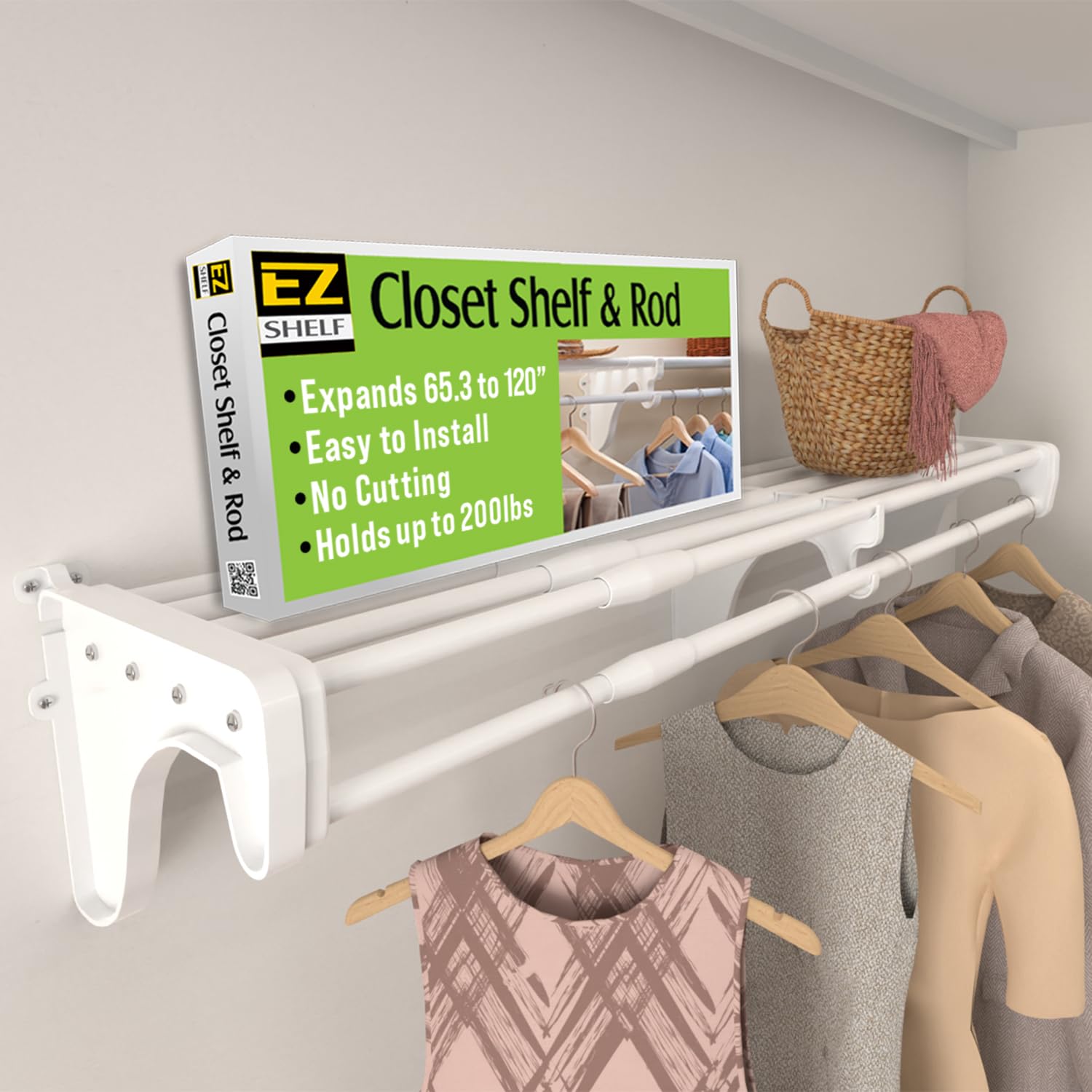 EZ Shelf - White Expandable 65.3” to 120” Closet Rod and Shelf - 200 lbs. Capacity – Quick - Install Closet Shelves for Closets, Laundry Rooms, and Offices – Mounts to Back Wall with 2 End Brackets