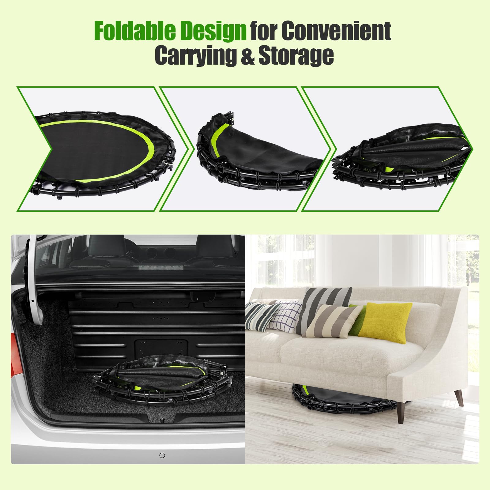 KOMFOTTEU Trampolino Fitness Ø101 cm con Carico di 150 kg, Trampolino Elastico con 2 Fasce di Resistenza e Manico Regolabile in 4 Livelli, Mini Trampolino di Rimbalzo Pieghevole per Adulti e Bambini