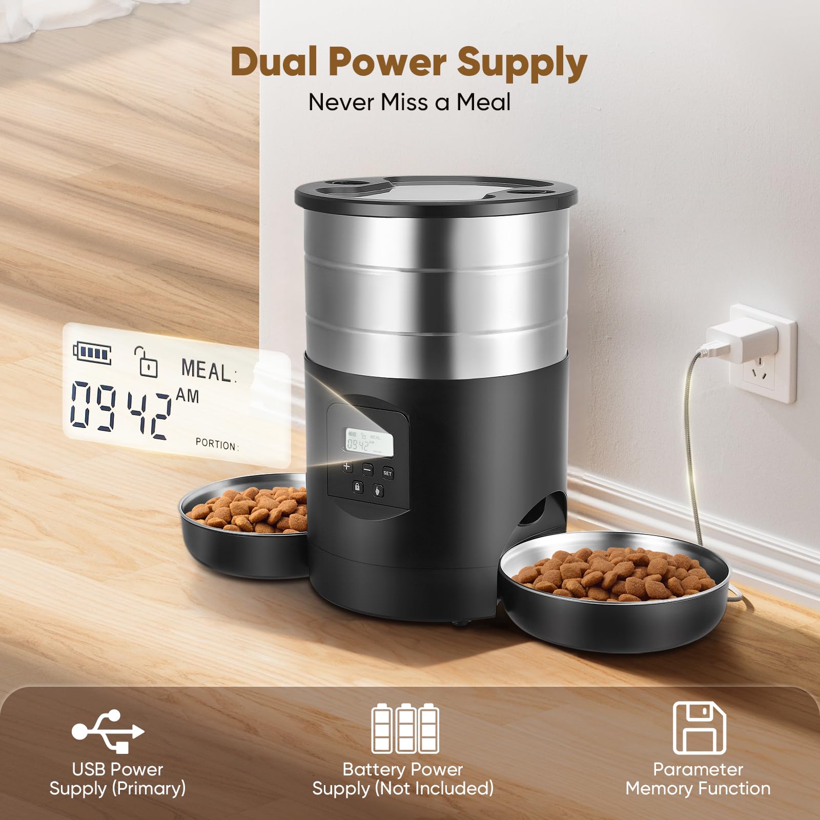 Comedero Automático Gatos 5L con 2 Cuencos, WiFi 2.4G & App Temporizador, Dobles Cuencos Interior Comedero Inteligente, Alimentación Doble con Control de Botones