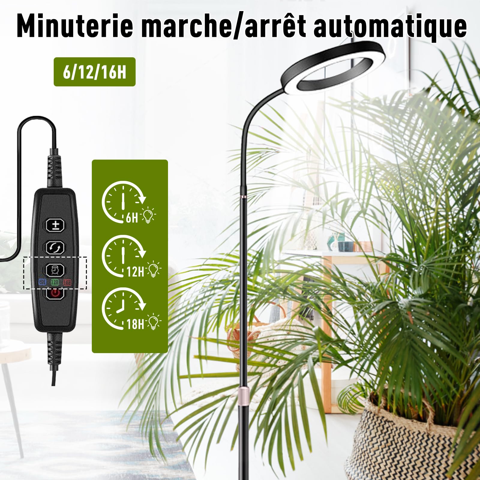 Lampe Horticole LED, Spectre Complet 380-800nm avec Minuterie 6/12/16H, 3 Modes & 10 Niveaux de Luminosité, Hauteur Réglable 57-170cm, pour Plantes d'Intérieur, Livrée avec Timer et Adaptateur