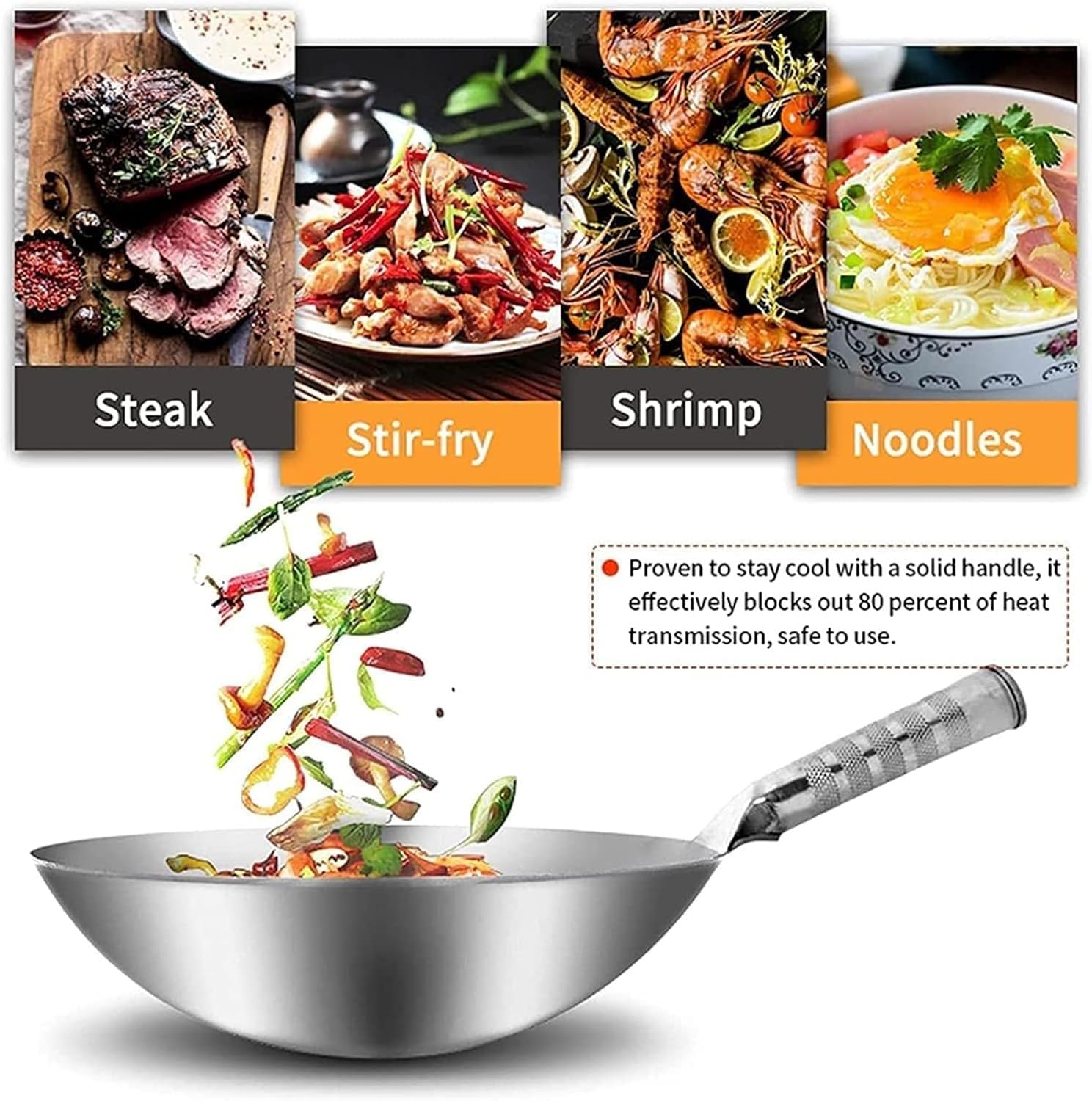 ステンレス鋼中華鍋 1.8mm 厚い り中華鍋 従来の焦げ付き防止 ガス鍋炊飯器 鍋料理 (B,38cm)