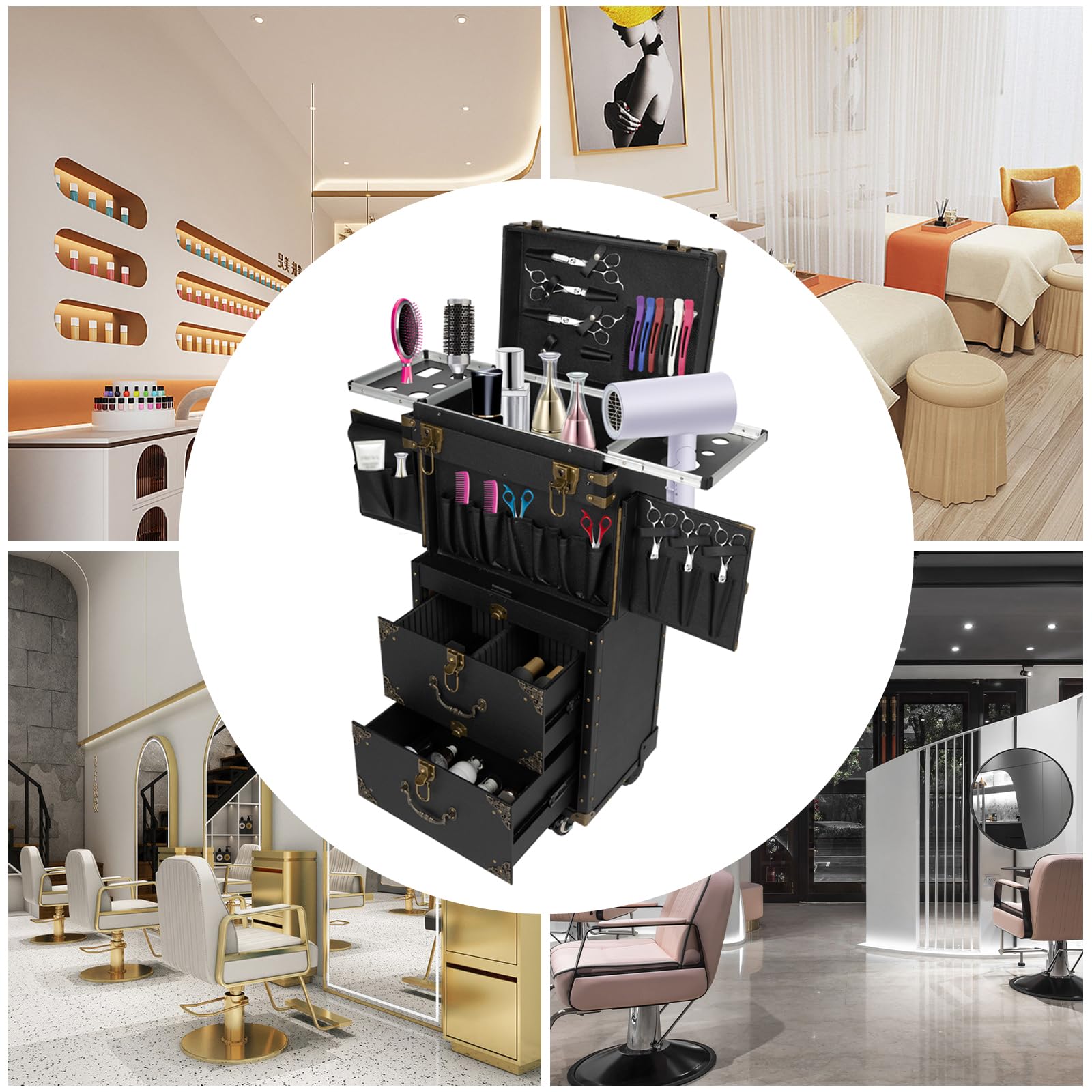 Purptarol Rolling Lockable Makeup Train Case, Large Capacity Cosmetic Trolley with Swivel Wheels Salon Barber Case Traveling Cart Trunk, with Hair Dryer Holder for Barber Stores