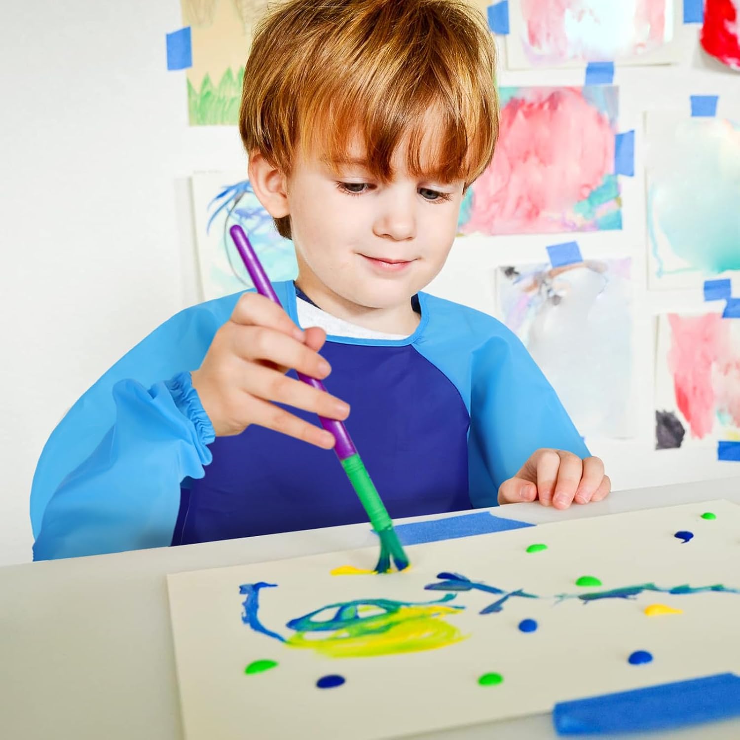 TEHAUX 2pcs Kids Art Smock - Long Sleeve Painting Apron Reusable Smock with Front 3 Pocket for Arts And Crafts, Ages 5-8