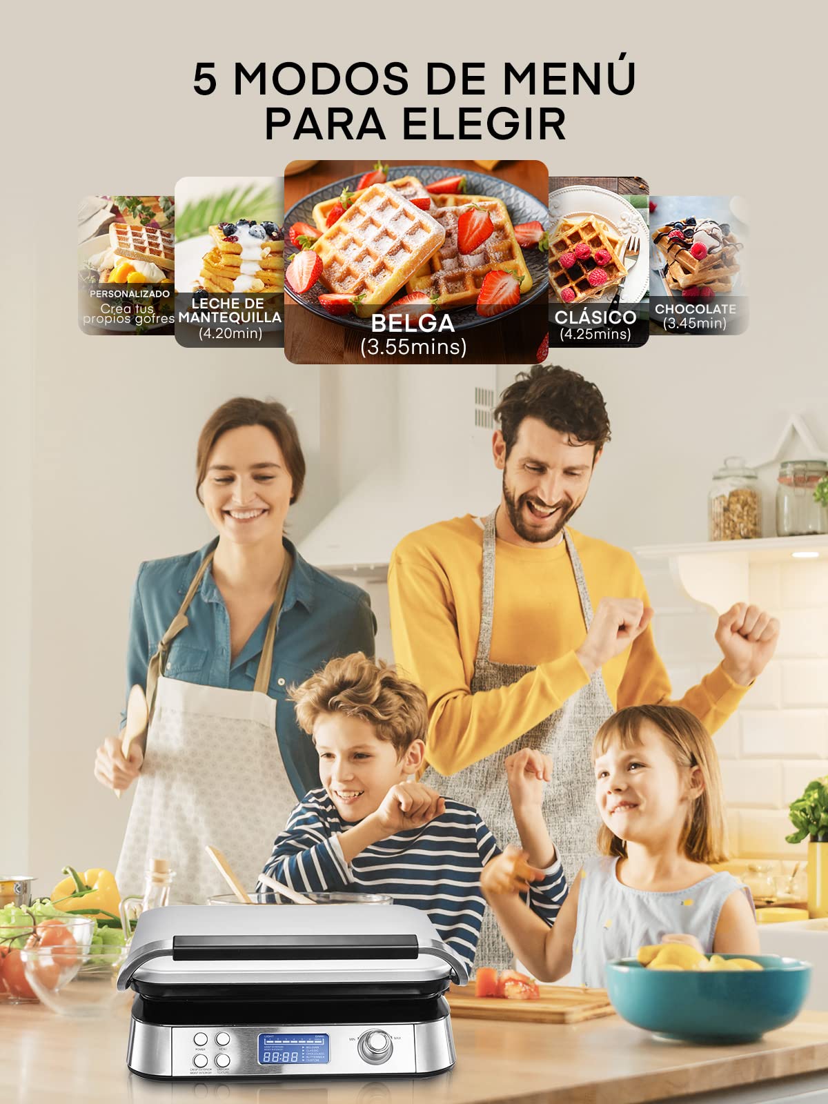 Gofrera Belga 1600 W, Gofrera Double Inteligente Pro con Pantalla LED, 5 Programas Diferentes, 7 Termostato Regulable, Asa Fría al Tacto, Acero Inoxidable (Silver)