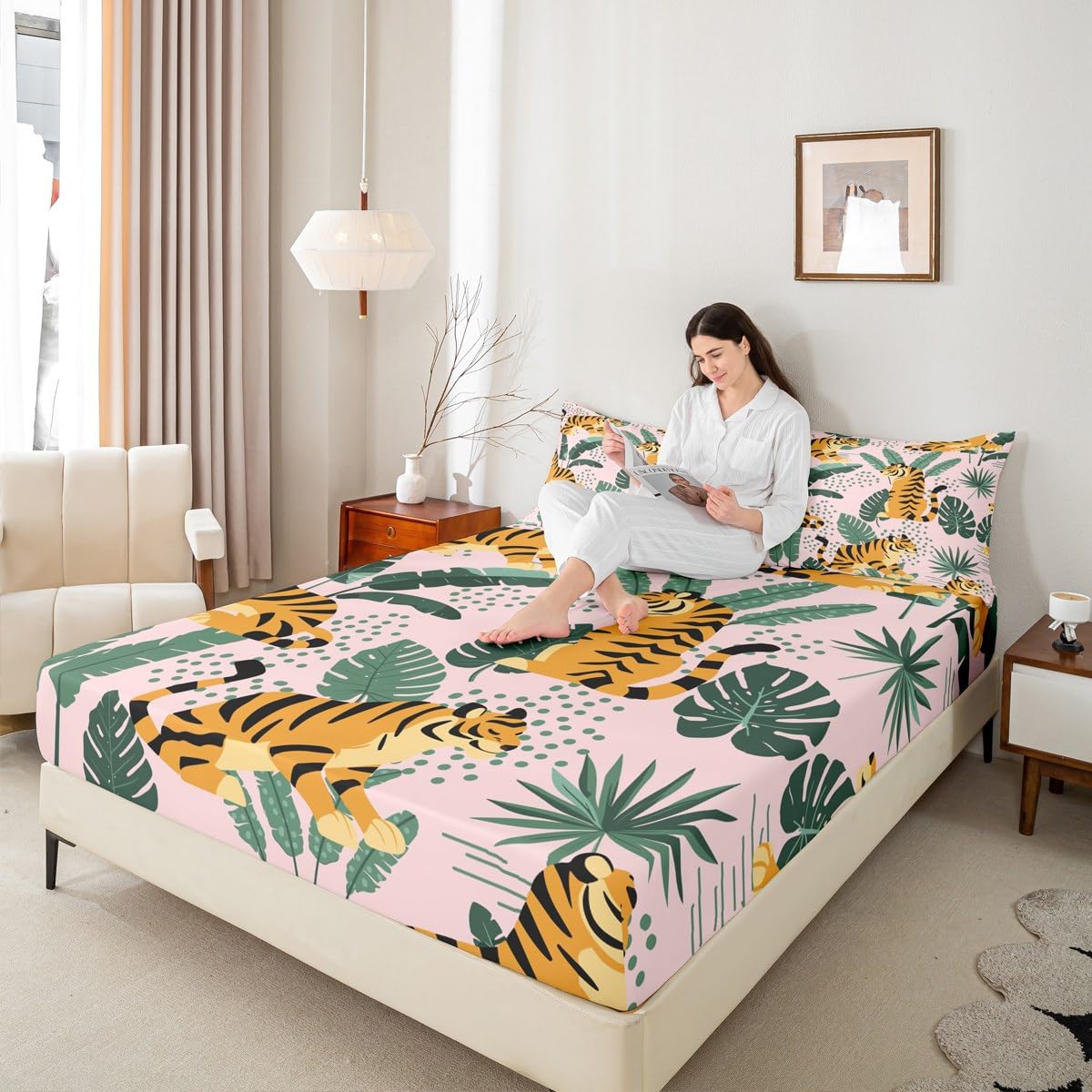 Drap Housse Jungle Mignon - Microfibre Douce Et Respirante - Taille 160x200 Cm Avec Taies D'oreiller - Élastique 360°