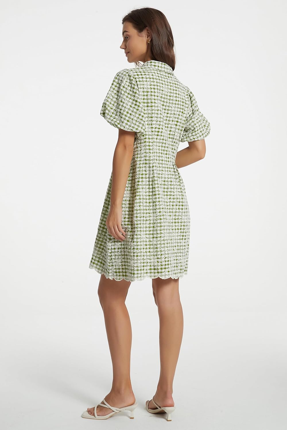 D-Sun Women's Short Sleeve Shirt Dress Button Down Pleated Mini Dress Embroidered Gingham Casual Short Dresses - Image 4