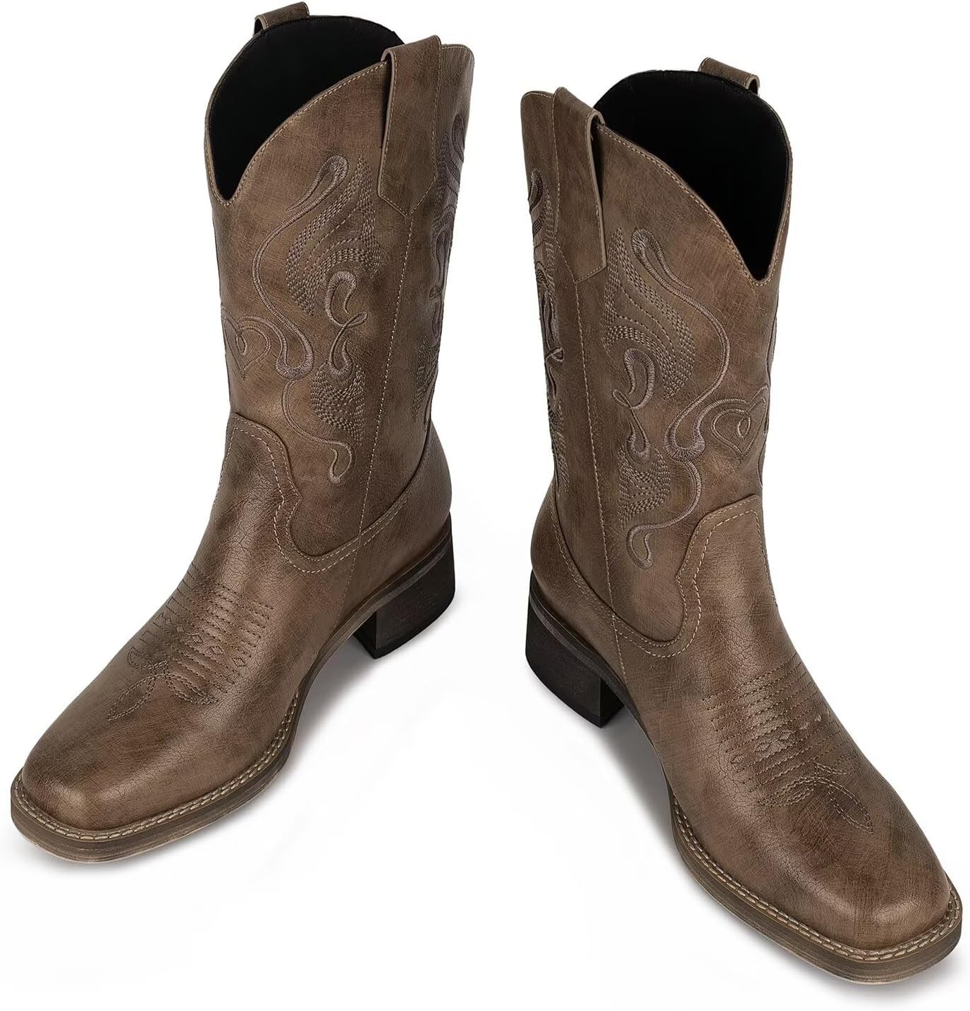 ISNOM Cowboy Cowgirl Boots for Women with Mid Calf Square Toe Comfortable Chunky Low Heeled Slip on Western Embroidery Boots for Country Concert Dancing Wedding Traveling Daily Outfits - Image 4