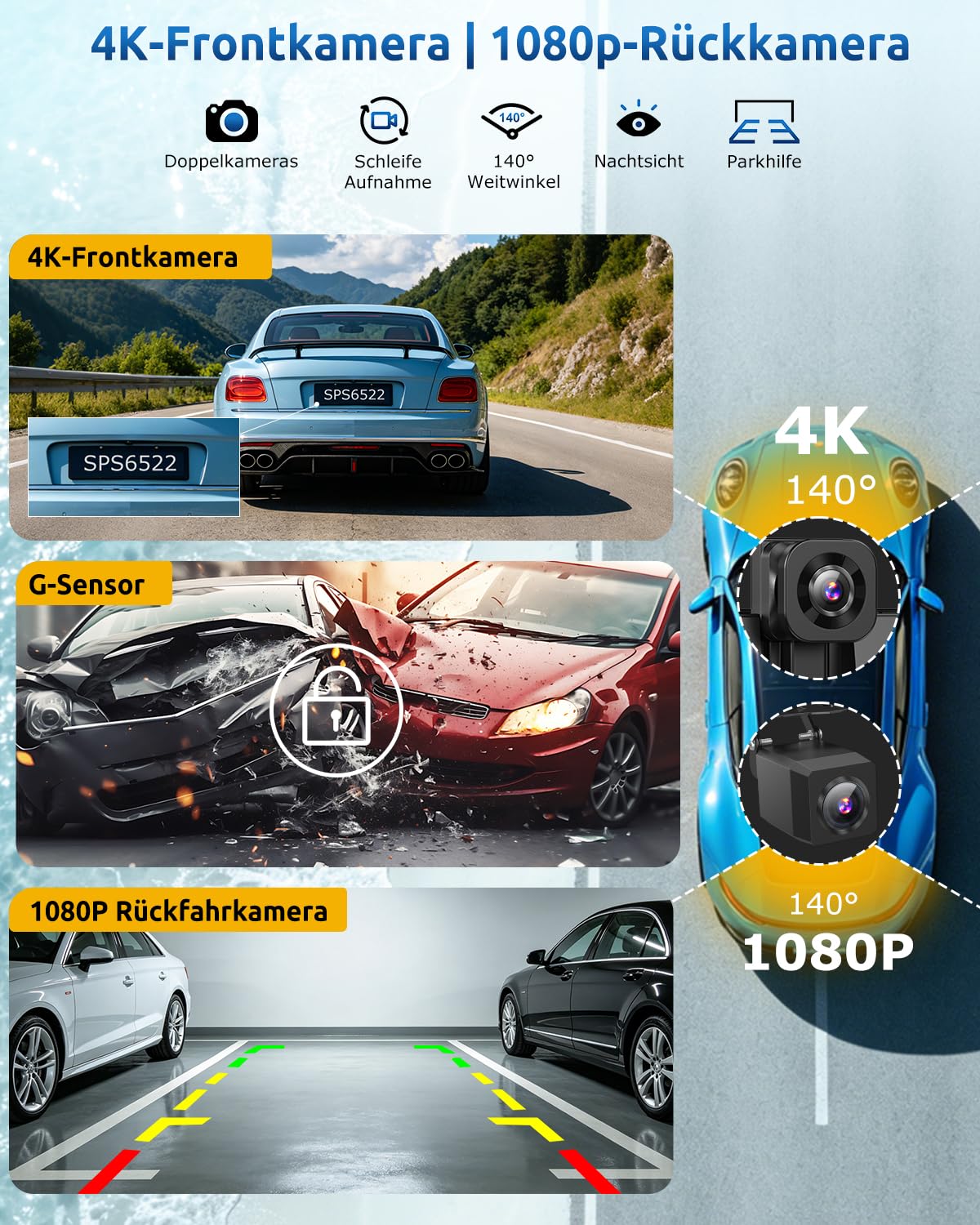 ESSGOO 11 Zoll CarPlay Android Auto Display Wireless,4K 360° Fahrzeugkamera | Apple CarPlay Bildschirm,1920×720 Touchscreen,1080P Rückfahrkamera,Bluetooth 5.3,Mirror Link,GPS,Sprachsteuerung,Autoradio