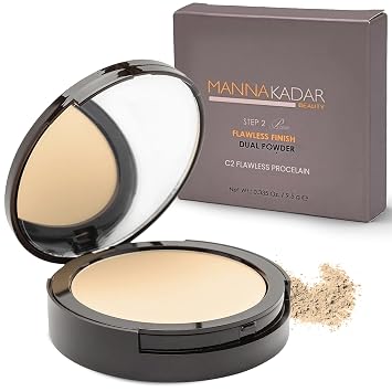 Manna Kadar Beauty Compact Dual Pressed Powder, C2 Porcelain Shade for Fair Skin Tone, Medium to Full Coverage Oil Absorbing Foundation and Setting Face Powder, Long-Lasting Flawless Matte Finish