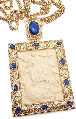Nazareth Store Jonah Giant Fish Pectoral Cross Biblical Icon Crystallized Blue Elements Gold Plated Christian Priest Bishop Pendant