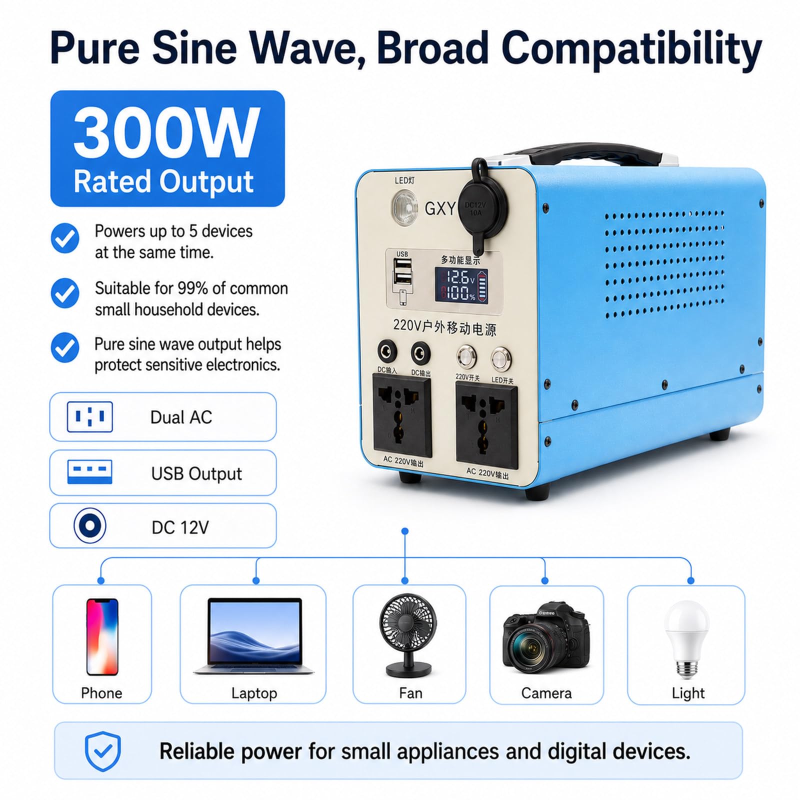Generatore di corrente portatile da 300W/500W con batteria LiFePO4 300w | con prese CA a onda sinusoidale pura, ricarica rapida solare/auto/parete, durata di 2000 cicli, display e luce a LED