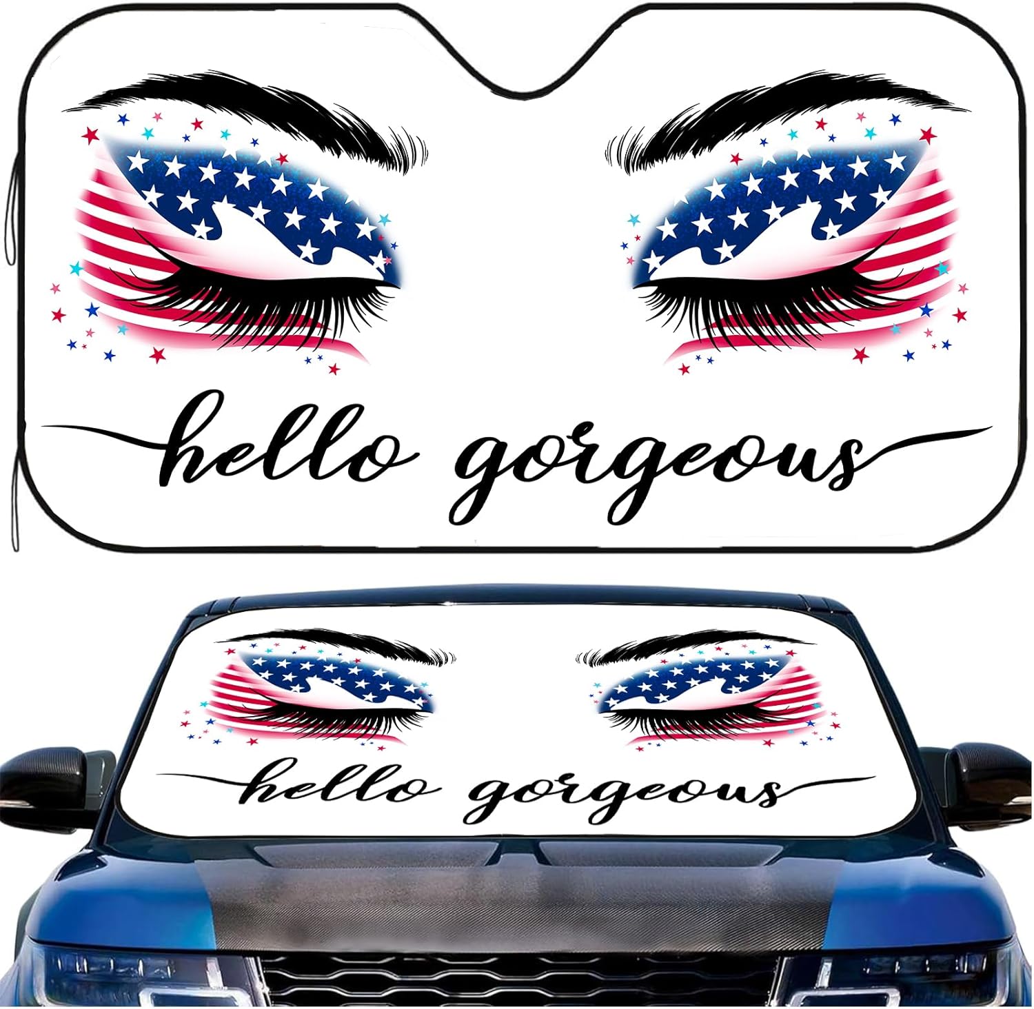 Sun Shade for Car Windshield, American Flag Fun Eyes Car Window Sunshade for Truck Patriotic UV Rays Protect Sun Visor Cover Foldable Heat Block Sun Shield Keeps Vehicle Cool 55x30 inches USA American Flag Gorgeous White