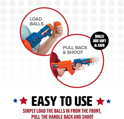 Miniatura 4 de NSG Juegos de disparos Aeroblast para niños, 2 unidades, 24 bolas de espuma suave y 2 pistolas de acción de bomba, juego de pistola de juguete para