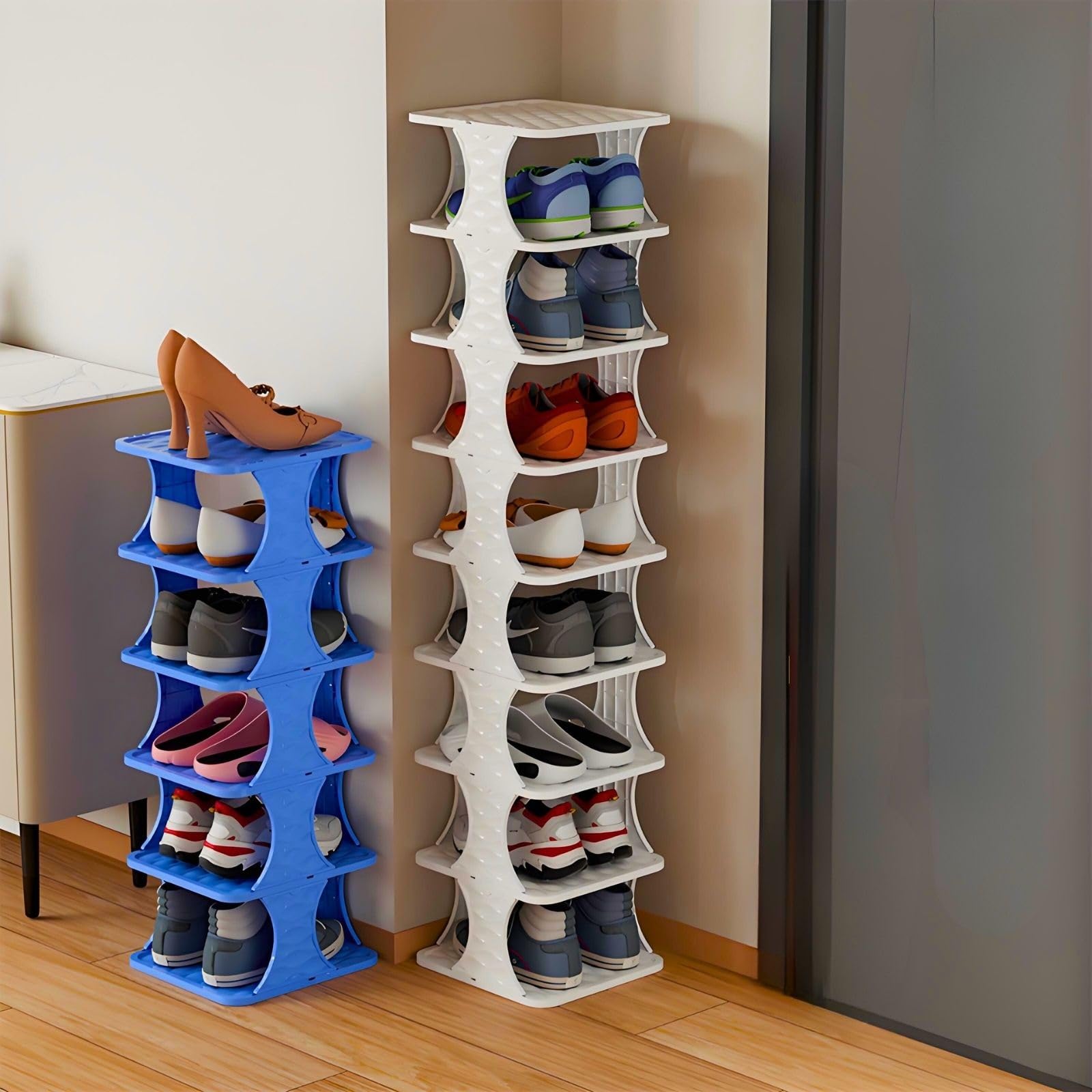 Schuhregal mit 8 Ebenen, blau, schmal, stapelbar, modular, Eingangsbereich, Aufbewahrung, Orga für Schlafzimmer, Wohnzimmer, Küche, Kinderschuhe, 
