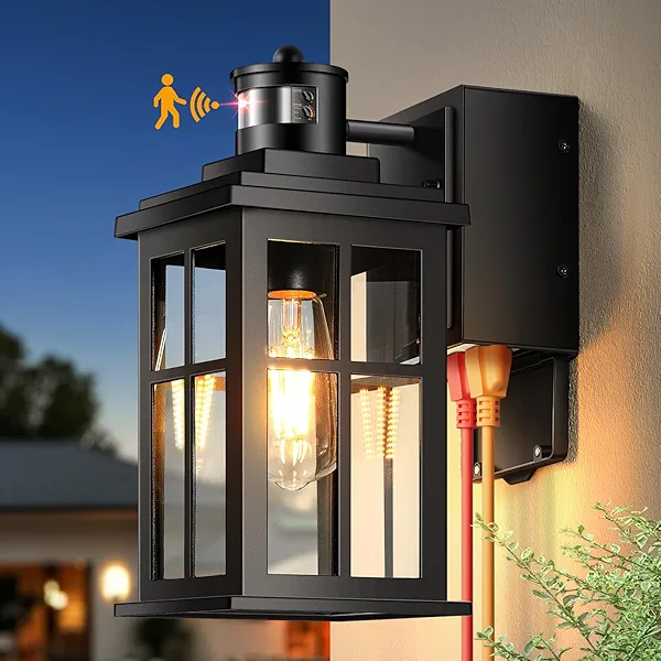 OPAXIS Porch Light with GFCI Outlet, Distance and Time Adjustable Outdoor Light Fixture, Black Motion Sensor Exterior Lighting Fixtures for House, Entryway, patio, Garage, Garden, Waterproof, Aluminum