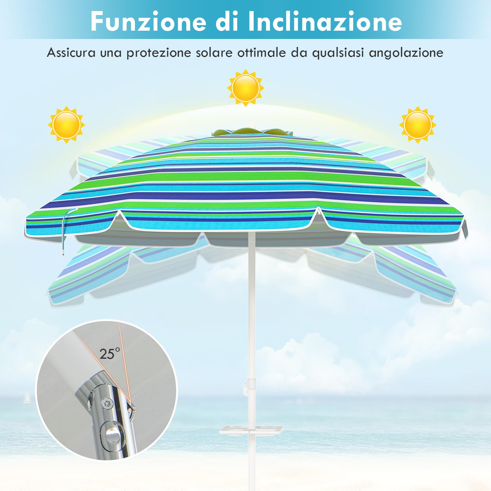 RELAX4LIFE Ombrellone da Spiaggia diametro 220 cm con Vassoio, Ombrellone da Mare Inclinabile a 8 Stecche con Air Vent, Protezione solare e impermeabile, Borsa di Trasporto Inclusi (Modello 4)