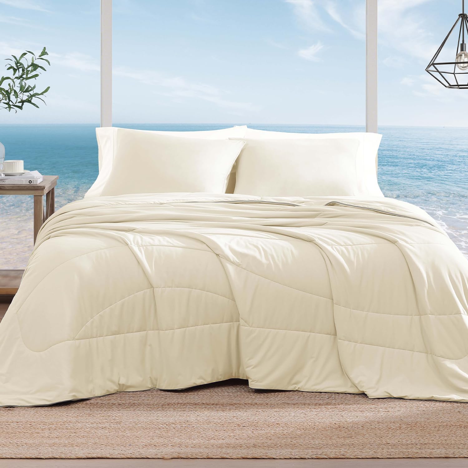 Monbix ChillChilla Cooling Comforter King Size-3 Pieces Cooling Blankets for Hot Sleepers and Night Sweats, Double-Sided Summer King Size Comforter Set, Breathable Lightweight Blanket Cream White