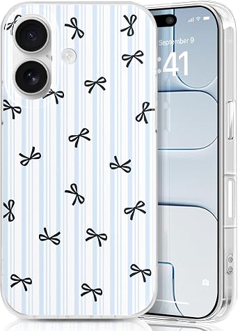 Compatible with iPhone 17 Case, Cute Stripes with Bow Design, Slim Hard PC iPhone 17 Cases for Women-Sky Stripe Bows