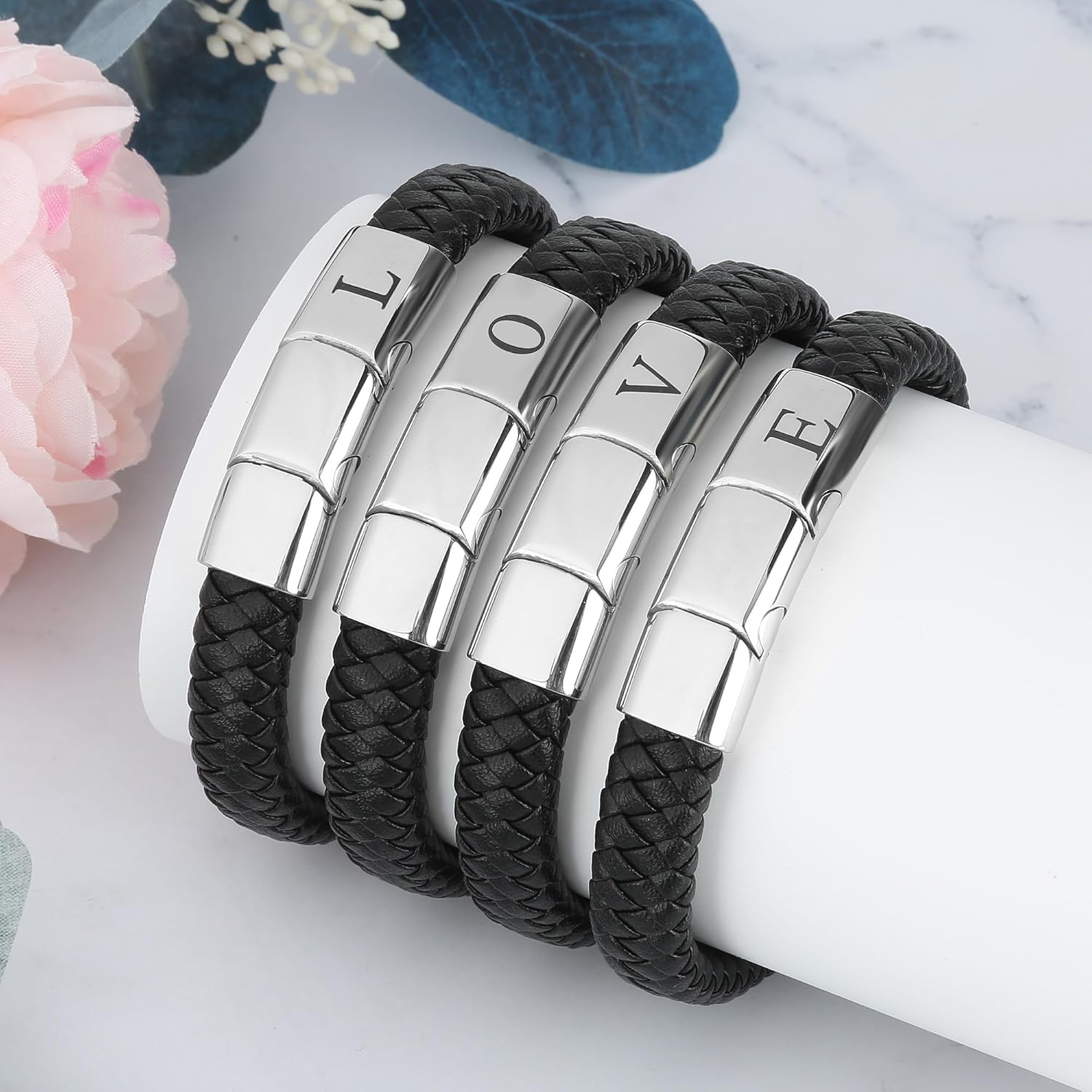 Initial Letter Leather Bracelet for Men, Black Alphabet Leather Bracelet with Clasp, Jewelry Gifts for Dad Husband Brother Boyfriend Son Grandpa - Image 6