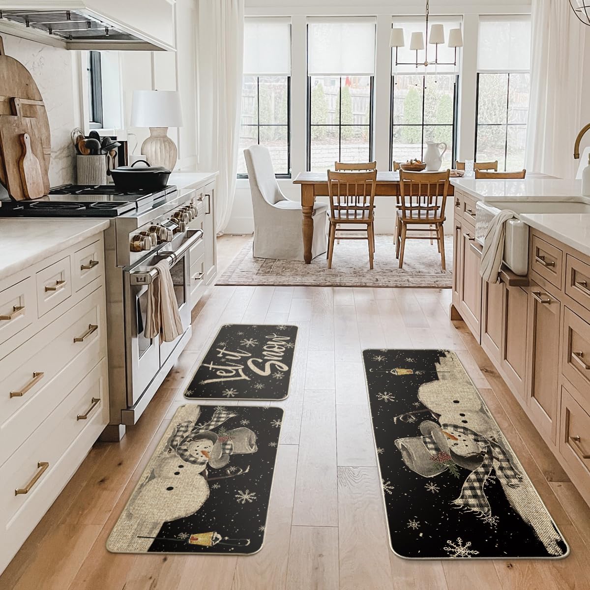 Artoid Mode Let It Snow Snowflake Snowman Light Christmas Decorative Kitchen Mats Set of 3, Home Party Low-Profile Kitchen Rugs - 17"x29"+17"x36"+17"x47"